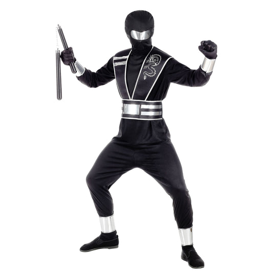 "SPIEGELNINJA" (Oberteil, Hose, Rüstung mit Gürtel, Armschoner, Beinschoner, Handschuhe, Maske) – Vorderansicht