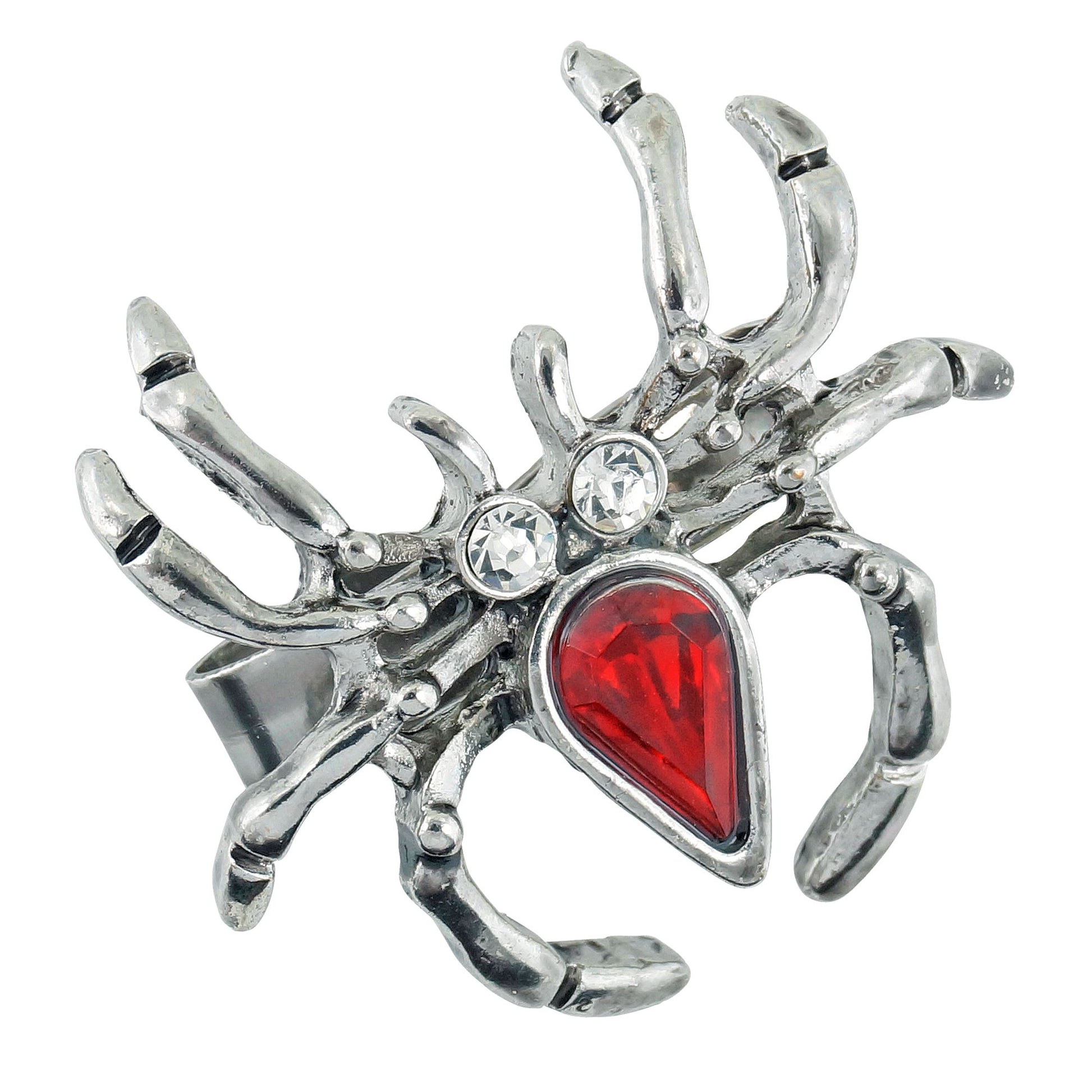 "SPINNENRING MIT ROTEM EDELSTEIN UND STRASS" – Vorderansicht