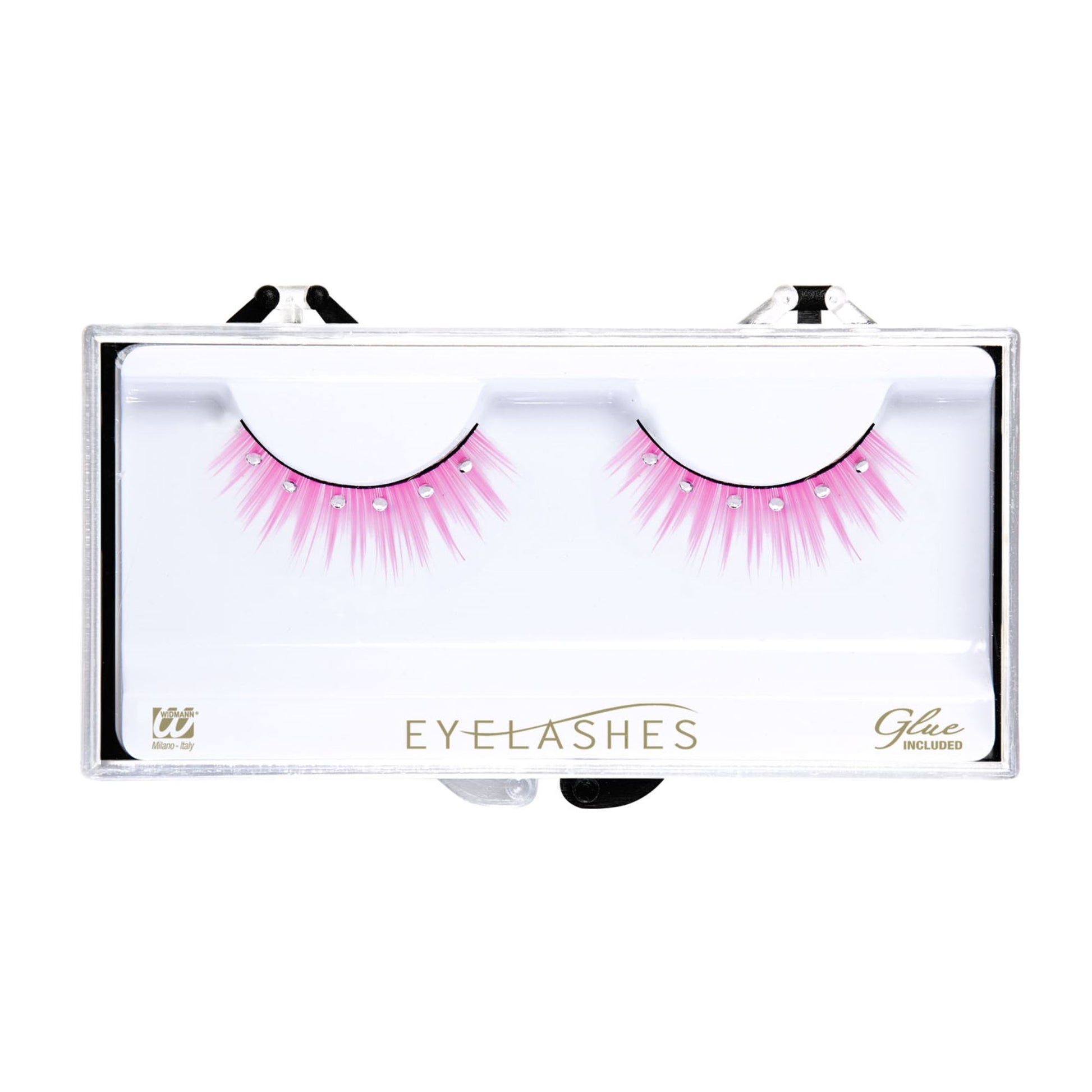 "SPITZ-WIMPERN ROSA MIT STRASS" inBox mit Klebstoff in Glasflasche – Vorderansicht