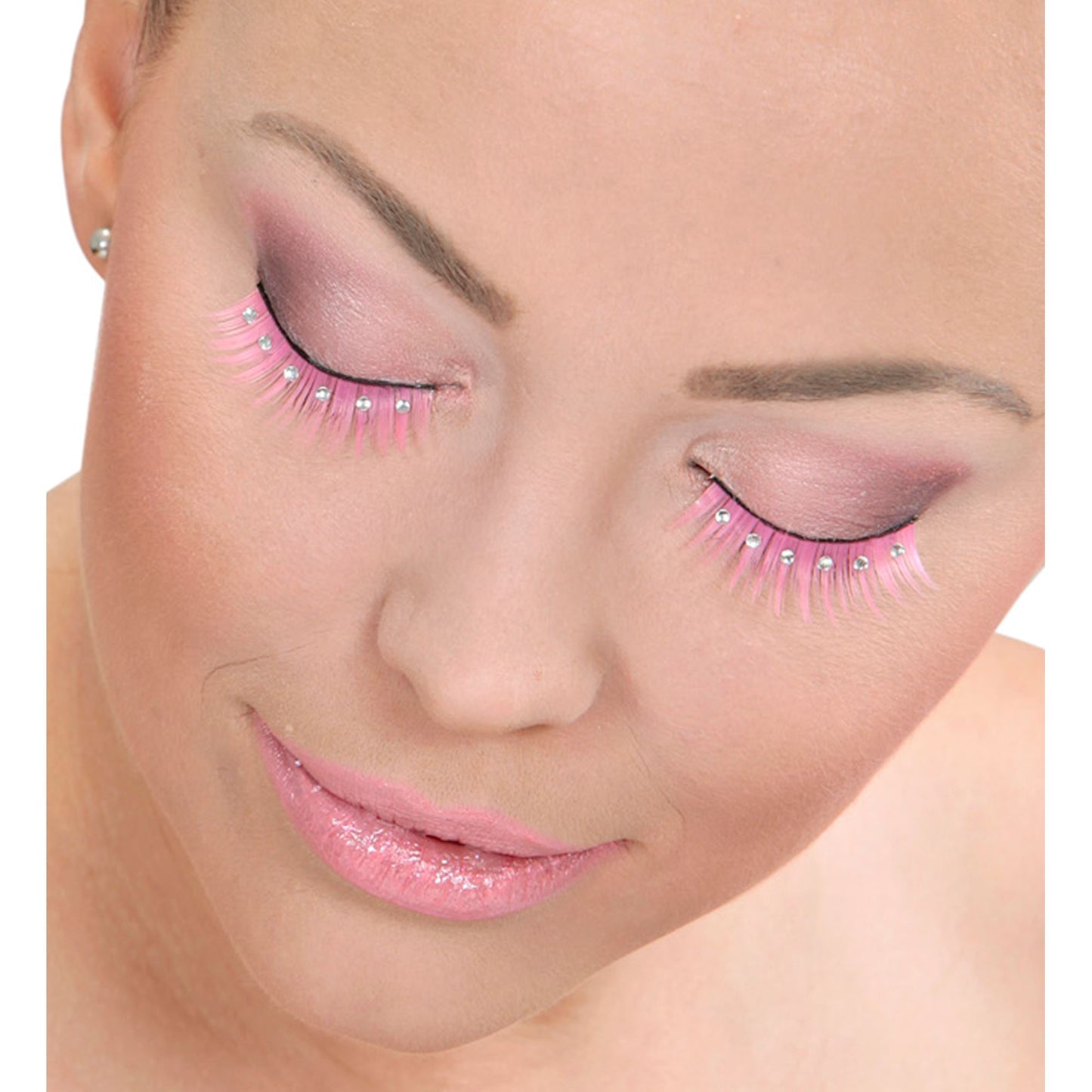 "SPITZ-WIMPERN ROSA MIT STRASS" inBox mit Klebstoff in Glasflasche – Detailansicht