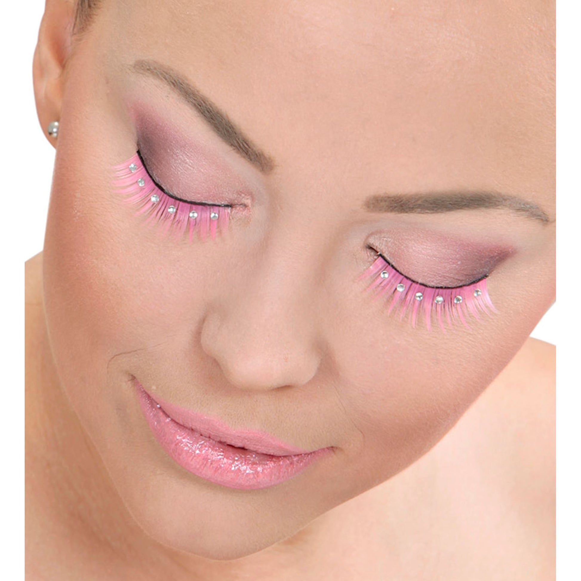 "SPITZ-WIMPERN ROSA MIT STRASS" inBox mit Klebstoff in Glasflasche – Detailansicht