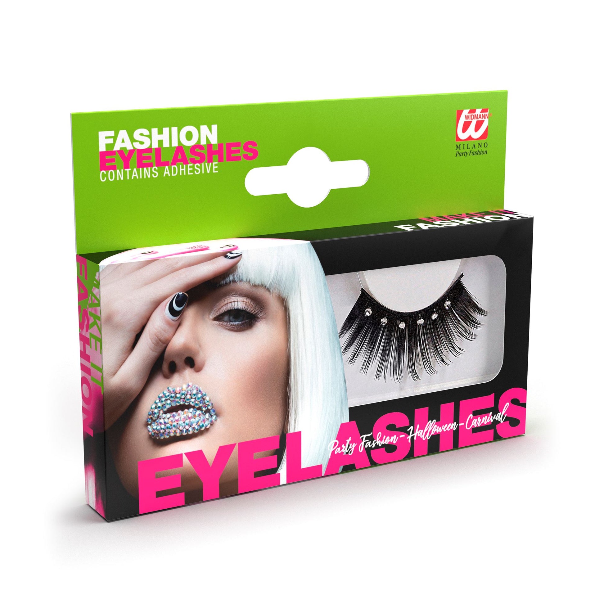 "SPITZ-WIMPERN SCHWARZ MIT STRASS"in Box mit Klebstoff in Glasflasche – Vorderansicht