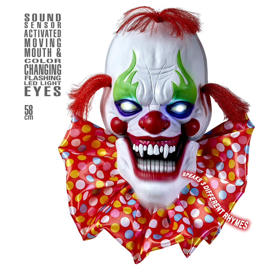 "SPRECHENDER HORRORCLOWN MIT SICH BEWEGENDEM MUND UND BLINKENDEN LED AUGEN" geräuschaktiviert - 58 cm - spricht 3 verschiedene Reime – Vorderansicht