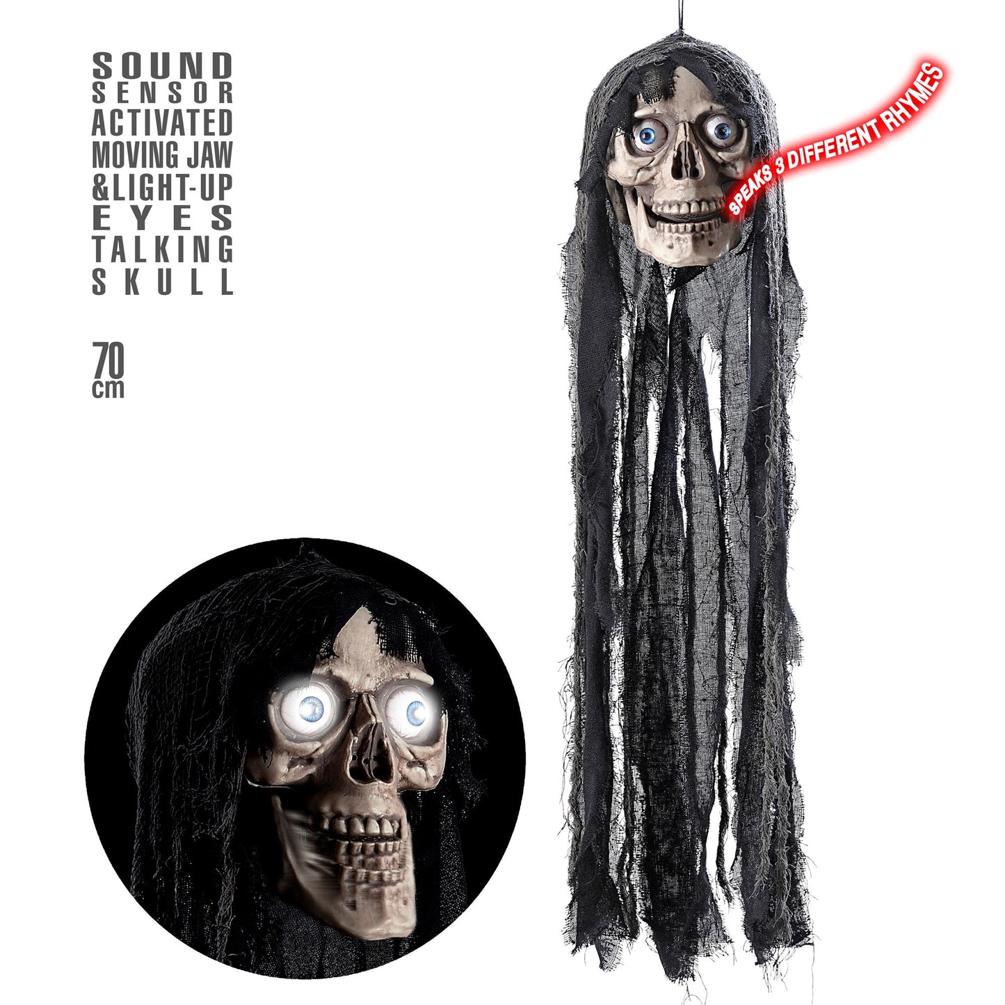 "SPRECHENDER TOTENKOPF MIT BEWEGLICHEM UNTERKIEFER UND LEUCHTENDEN AUGEN" geräuschaktiviert - 70 cm - spricht 3 Reime – Vorderansicht