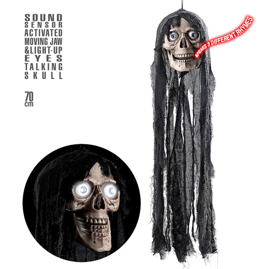 "SPRECHENDER TOTENKOPF MIT BEWEGLICHEM UNTERKIEFER UND LEUCHTENDEN AUGEN" geräuschaktiviert - 70 cm - spricht 3 Reime – Vorderansicht