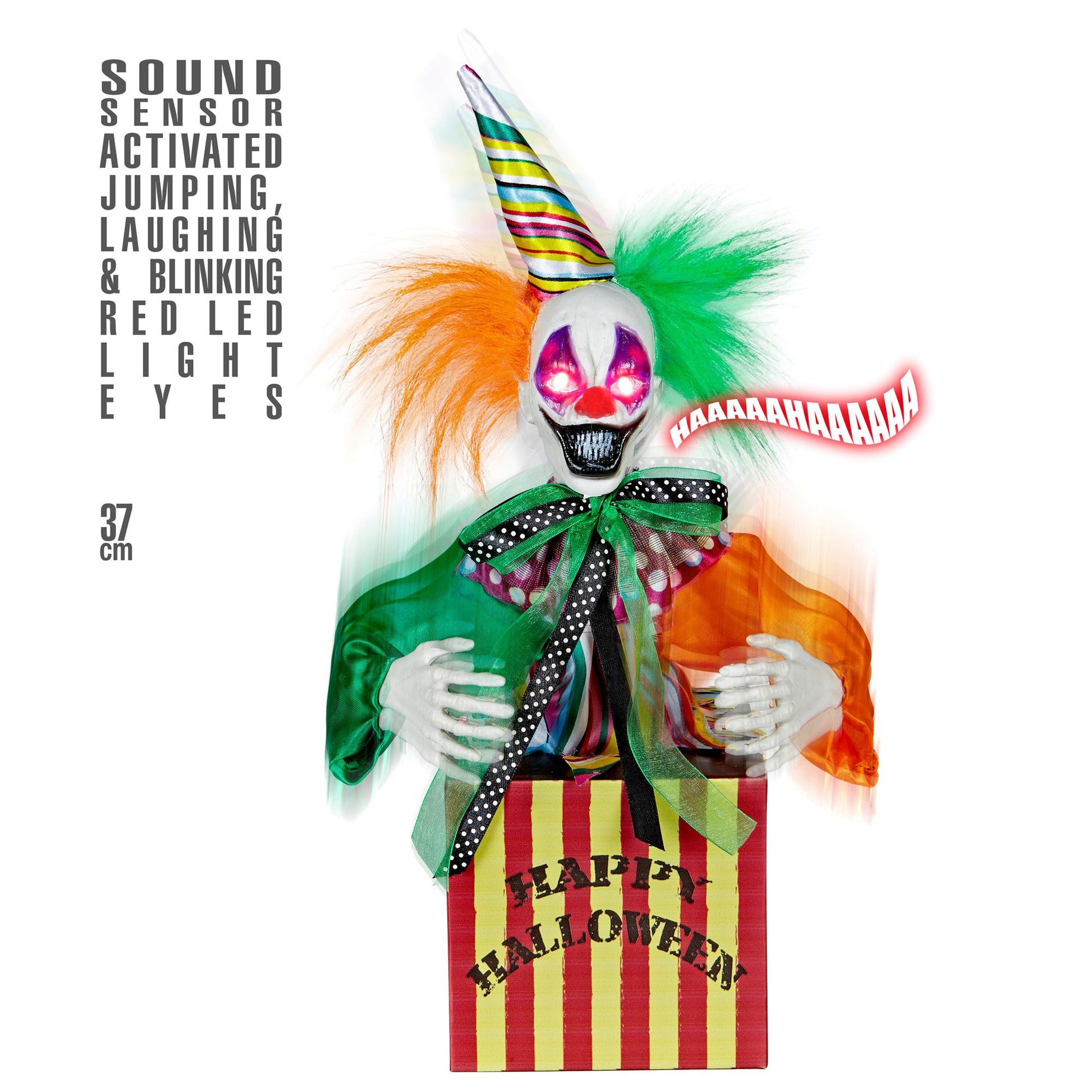 "SPRINGENDER & LACHENDER CLOWN IN KISTE MIT LEUCHTENDEN ROTEN LED AUGEN & ZIRKUSMUSIK" geräuschaktiviert - 37 cm – Vorderansicht