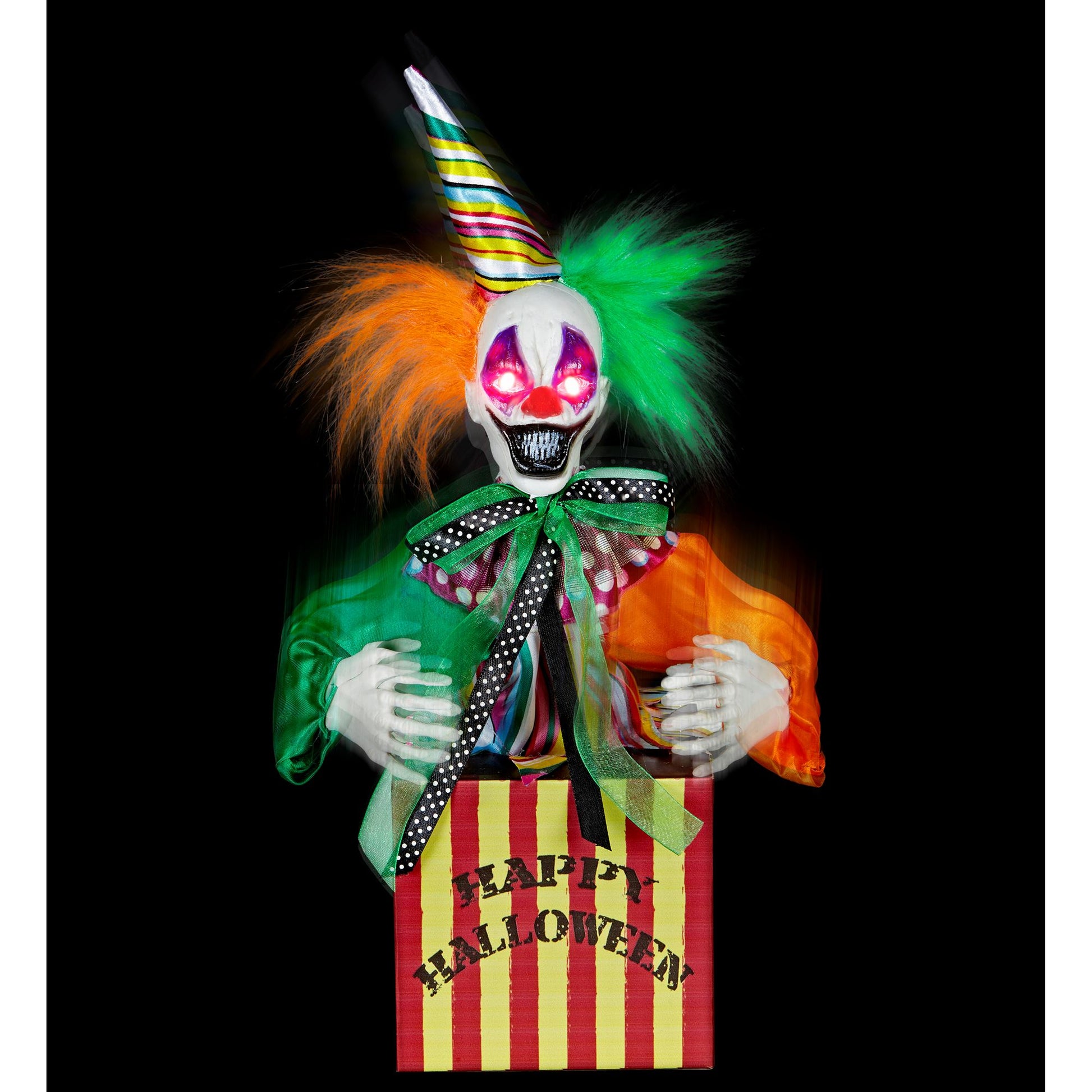 "SPRINGENDER & LACHENDER CLOWN IN KISTE MIT LEUCHTENDEN ROTEN LED AUGEN & ZIRKUSMUSIK" geräuschaktiviert - 37 cm – Detailansicht