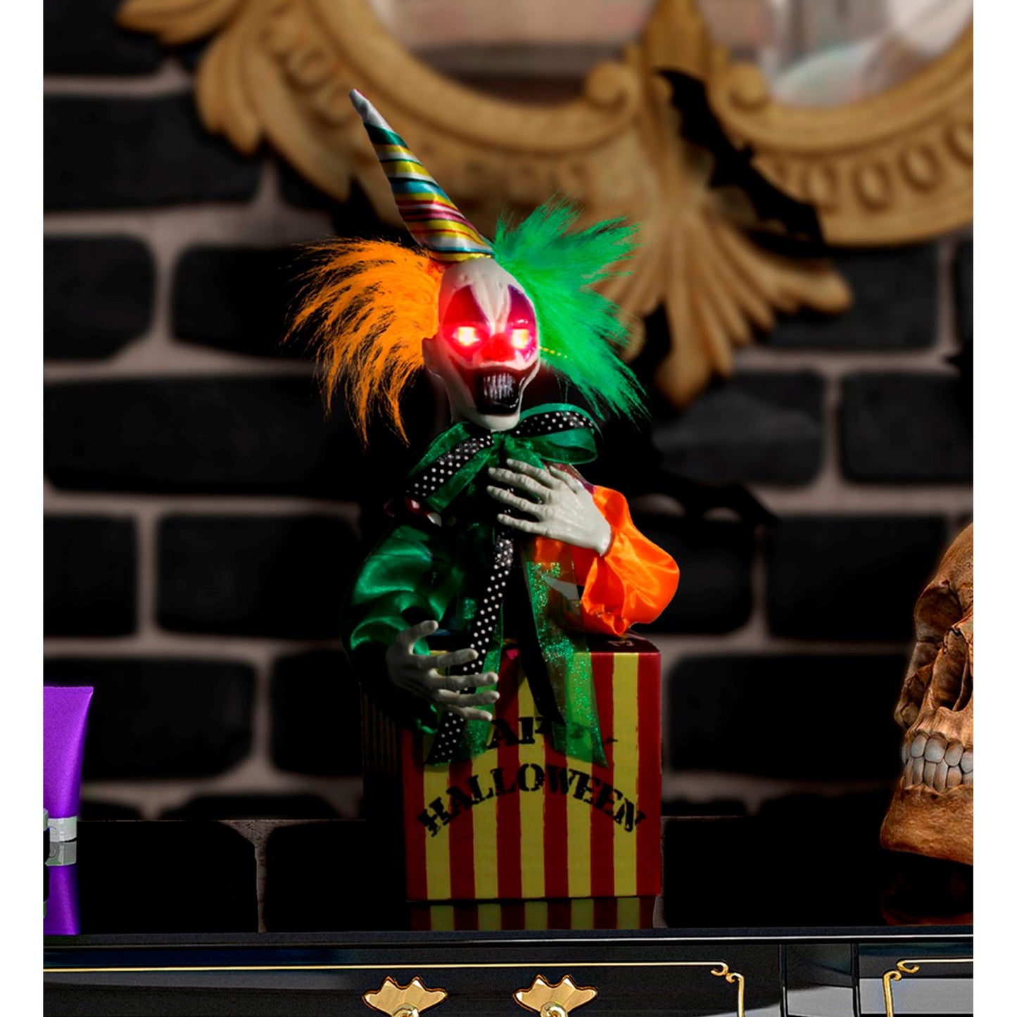 "SPRINGENDER & LACHENDER CLOWN IN KISTE MIT LEUCHTENDEN ROTEN LED AUGEN & ZIRKUSMUSIK" geräuschaktiviert - 37 cm – Ansicht 3