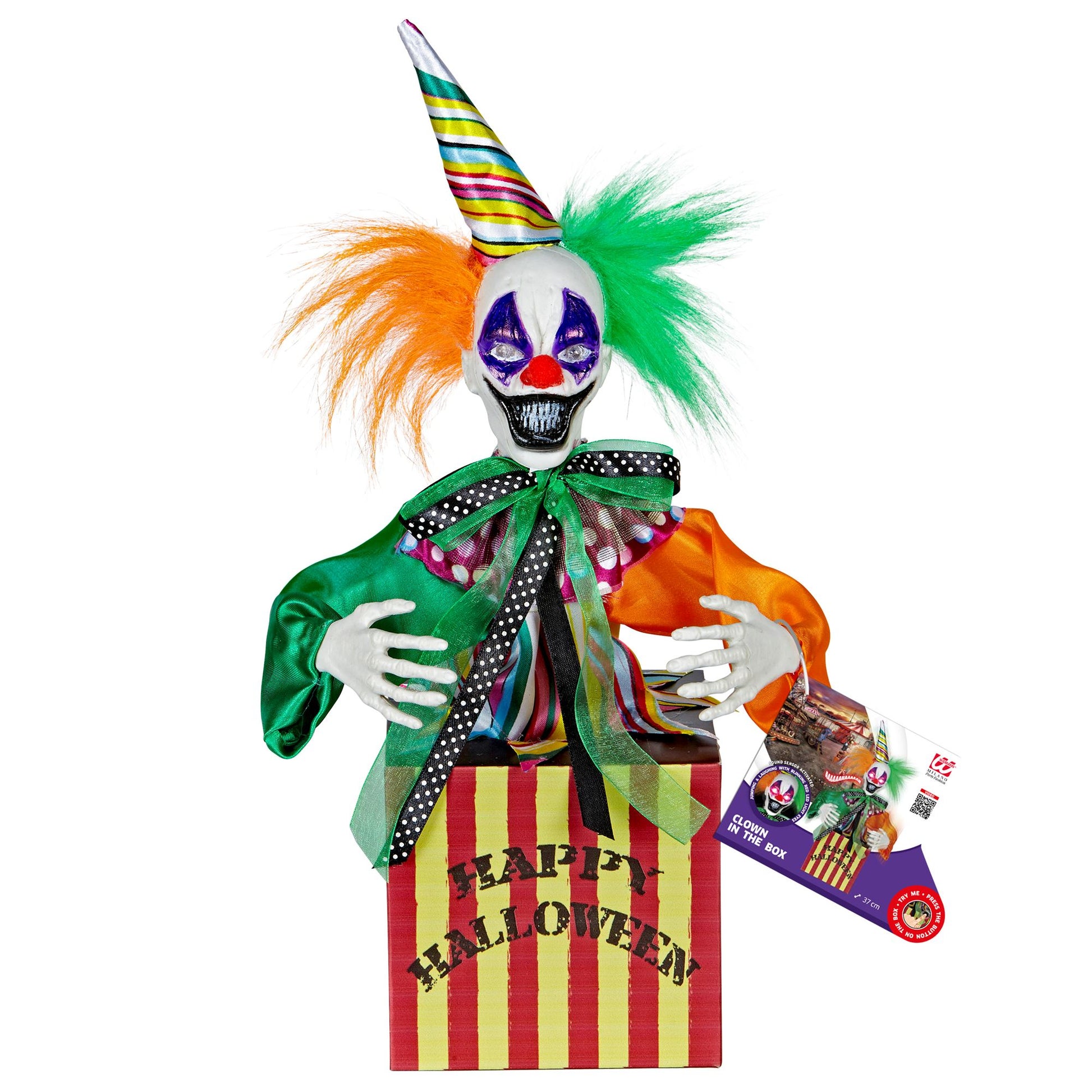 "SPRINGENDER & LACHENDER CLOWN IN KISTE MIT LEUCHTENDEN ROTEN LED AUGEN & ZIRKUSMUSIK" geräuschaktiviert - 37 cm – Ansicht 4