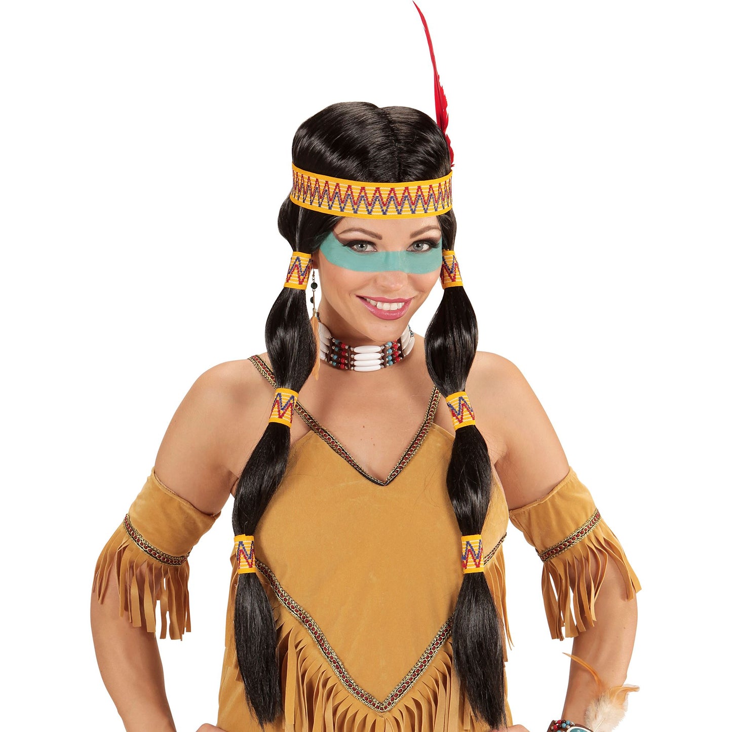 "SQUAW INDIANERIN PERÜCKE MIT STIRNBAND UND FEDER" in Box – Vorderansicht
