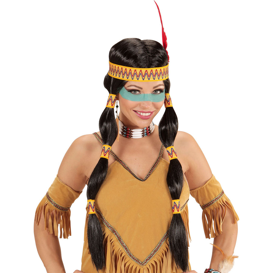 "SQUAW INDIANERIN PERÜCKE MIT STIRNBAND UND FEDER" in Box – Vorderansicht
