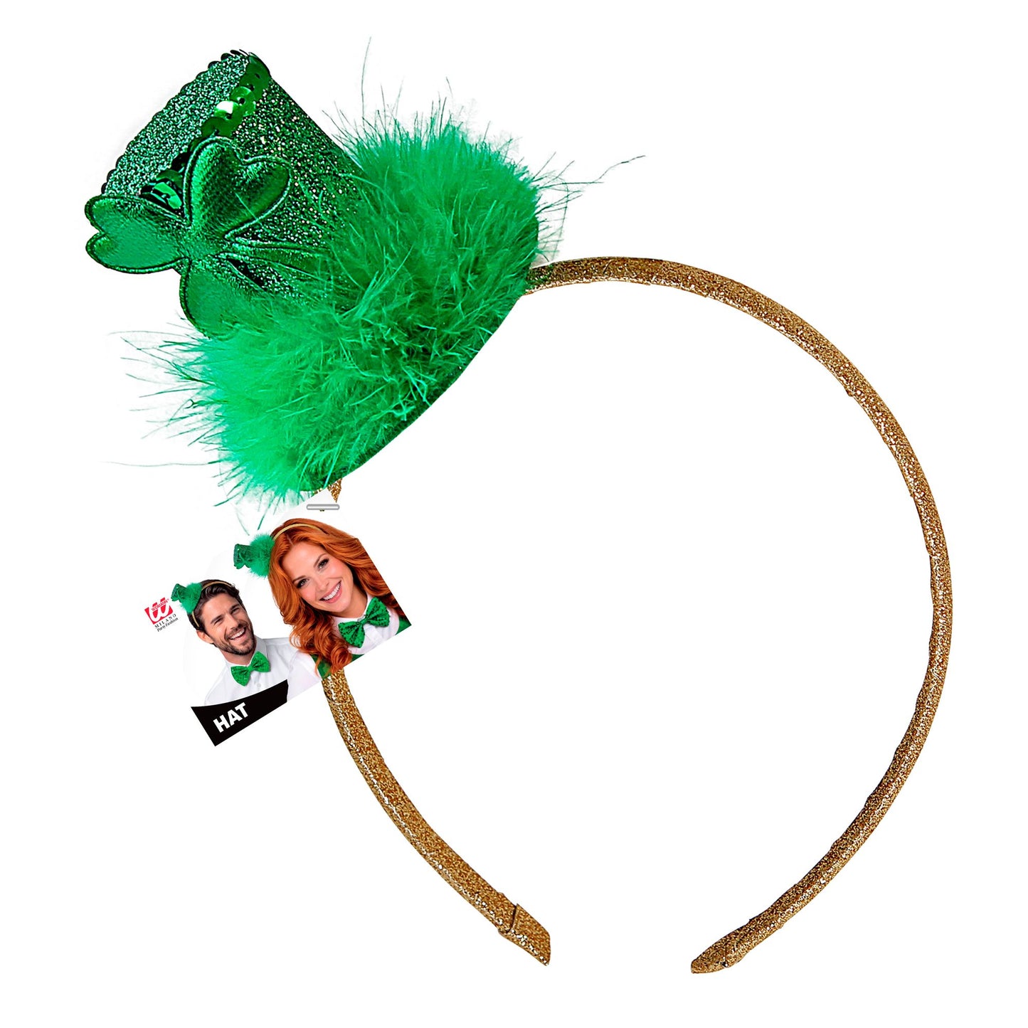 "ST. PATRICK'S DAY MINIZYLINDER MIT KLEEBLATT & MARABOUVERZIERUNG AUF HAARREIF" – Detailansicht