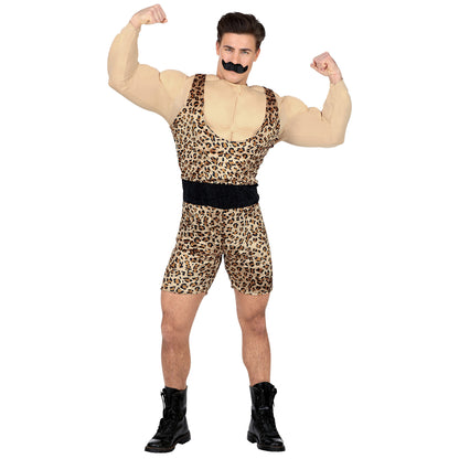 "STARKER MANN" (Overall mit Muskelshirt und Gürtel, Schnurrbart) – Vorderansicht