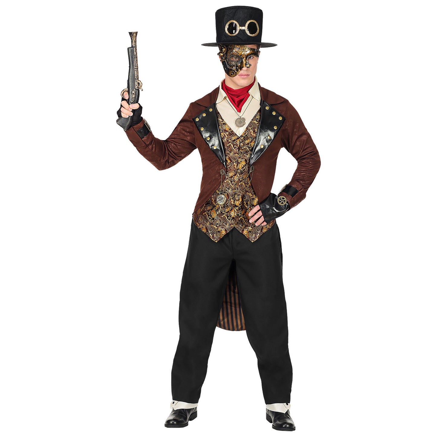 "STEAMPUNK" (Frack mit Hemd und Weste, Hose, Ascot, fingerlose Handschuhe, Zylinder) – Vorderansicht