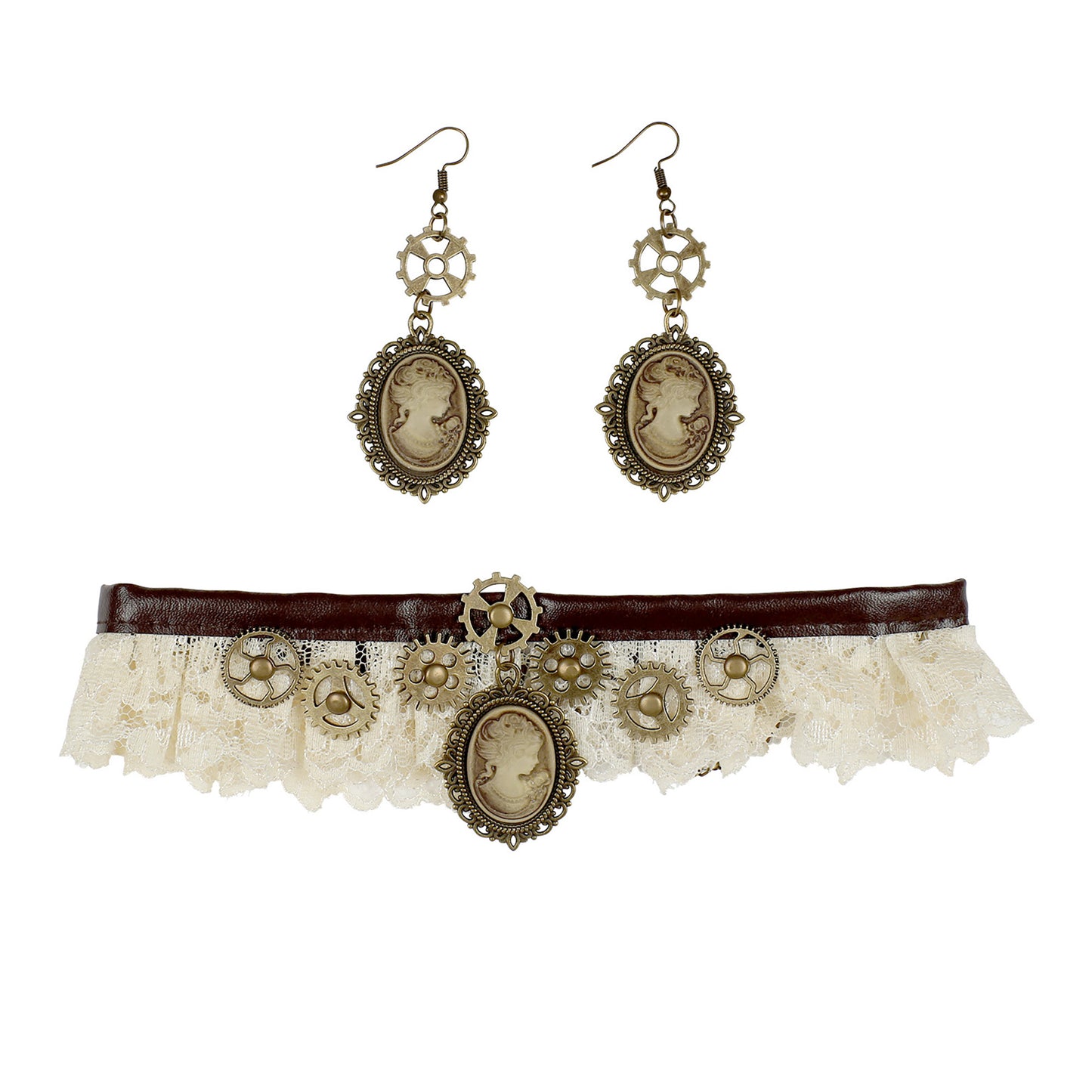 "STEAMPUNK HALSBAND AUS SPITZE & KAMEE-RELIEF OHRRINGE" – Vorderansicht