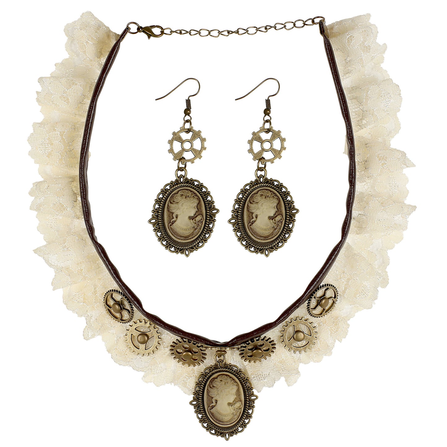 "STEAMPUNK HALSBAND AUS SPITZE & KAMEE-RELIEF OHRRINGE" – Detailansicht
