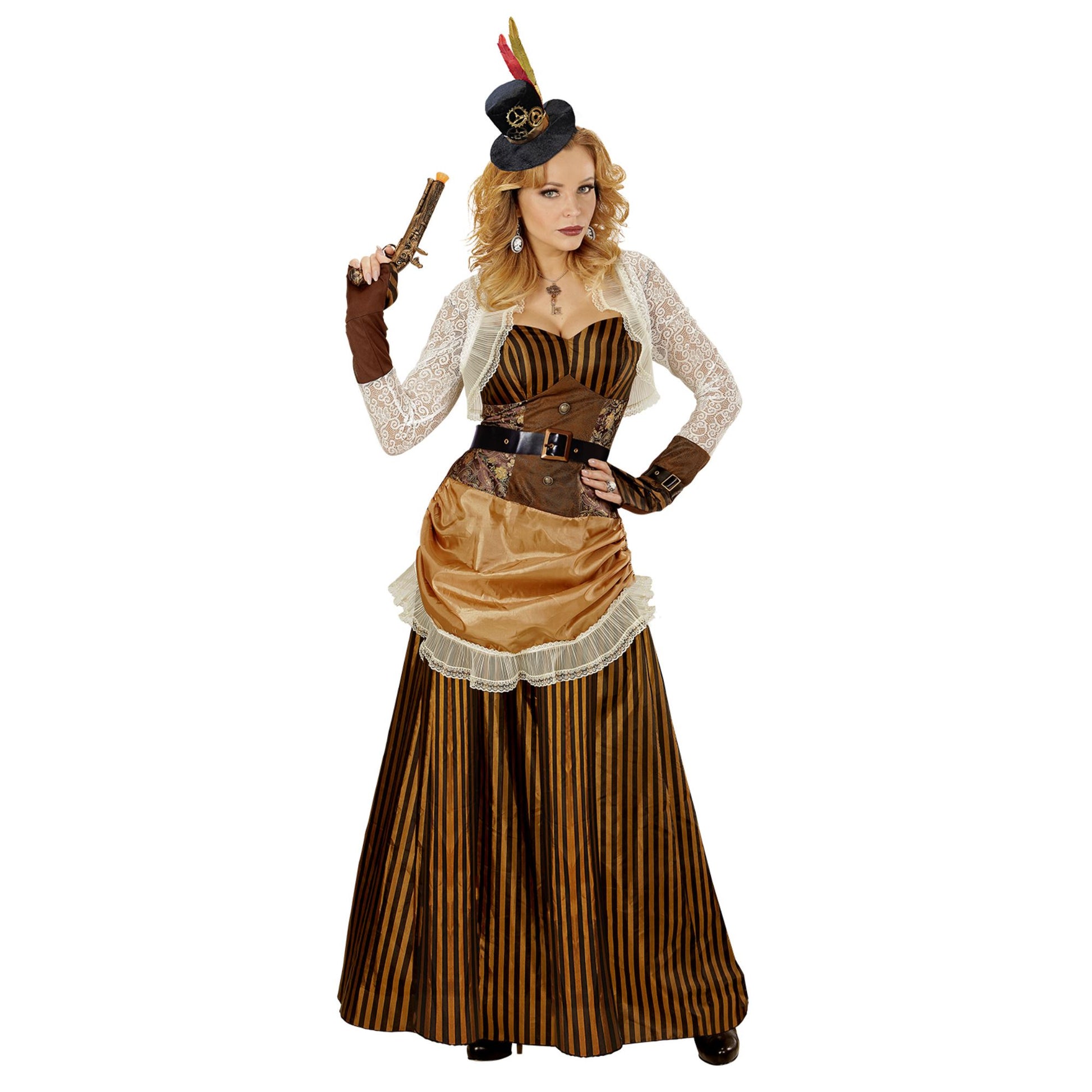 "STEAMPUNK" (Kleid, Gürtel, Minihut) – Vorderansicht