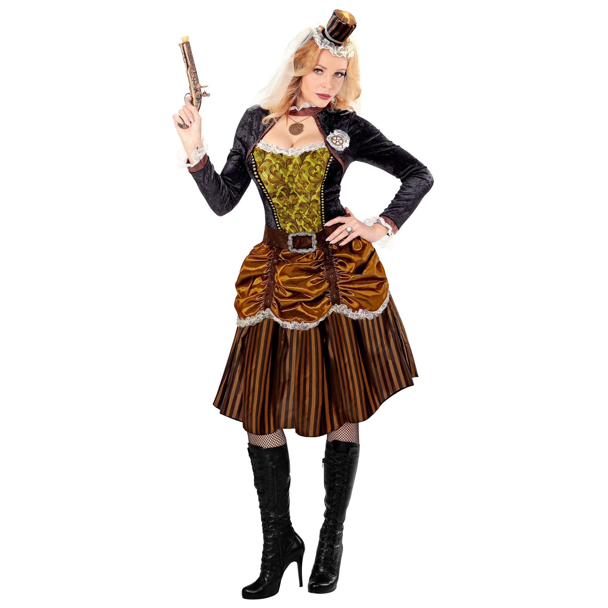 "STEAMPUNK" (Kleid, Gürtel, Minihut) – Vorderansicht
