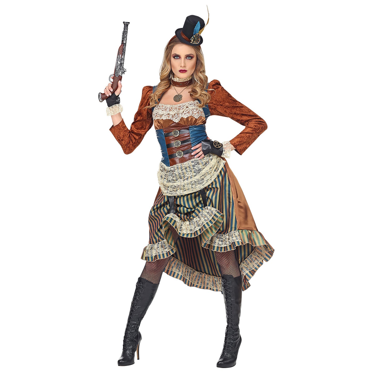 "STEAMPUNK" (Kleid mit Halsband, Fingerlosen Handschuhen, Minihut) – Vorderansicht