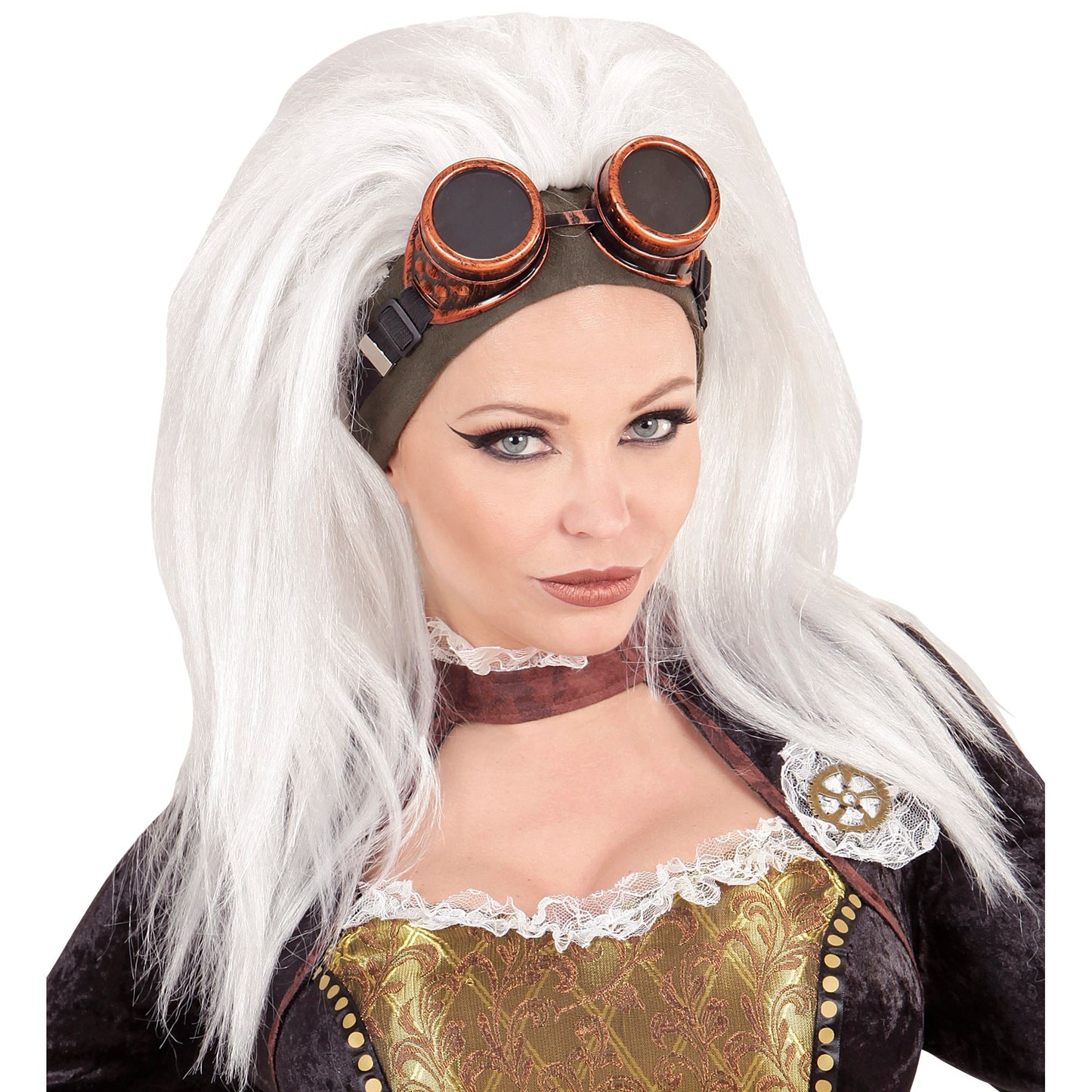 "STEAMPUNK PERÜCKE MIT BRILLE" in Polybag – Vorderansicht