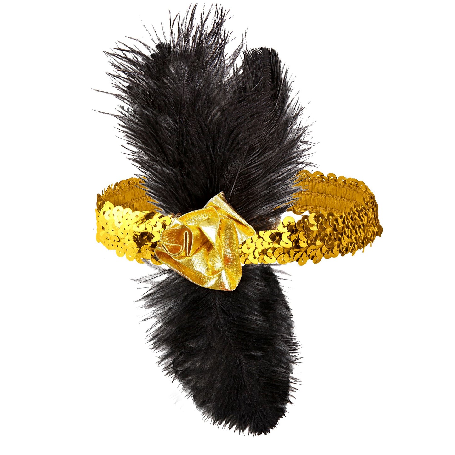 "STIRNBAND 20ER JAHRE AUS GOLDENEN PAILLETTEN MIT BLUME UND FEDERN" – Vorderansicht