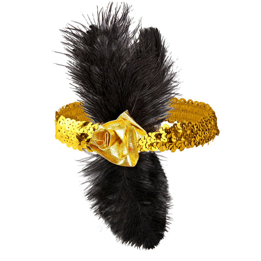 "STIRNBAND 20ER JAHRE AUS GOLDENEN PAILLETTEN MIT BLUME UND FEDERN" – Vorderansicht