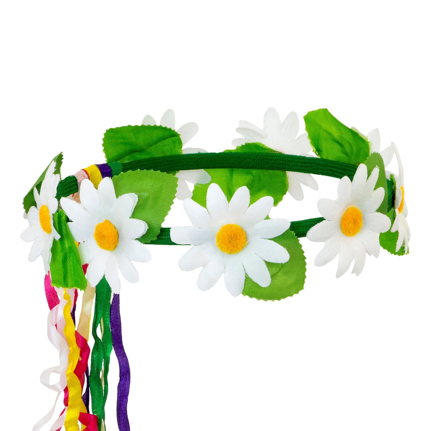 "STIRNBAND / HAARBAND MIT GÄNSEBLÜMCHEN UND BUNTEN BÄNDERN" – Vorderansicht