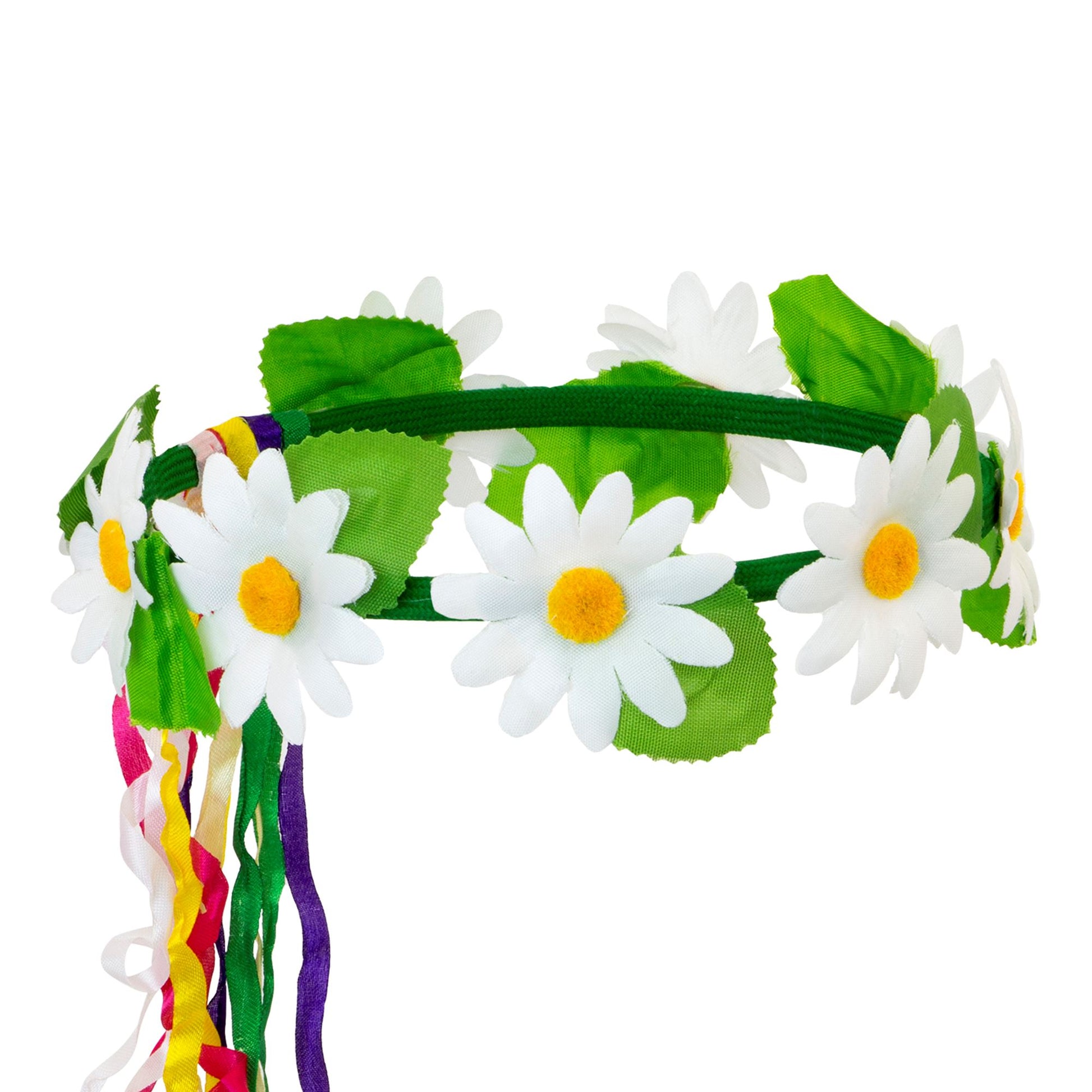 "STIRNBAND / HAARBAND MIT GÄNSEBLÜMCHEN UND BUNTEN BÄNDERN" – Vorderansicht