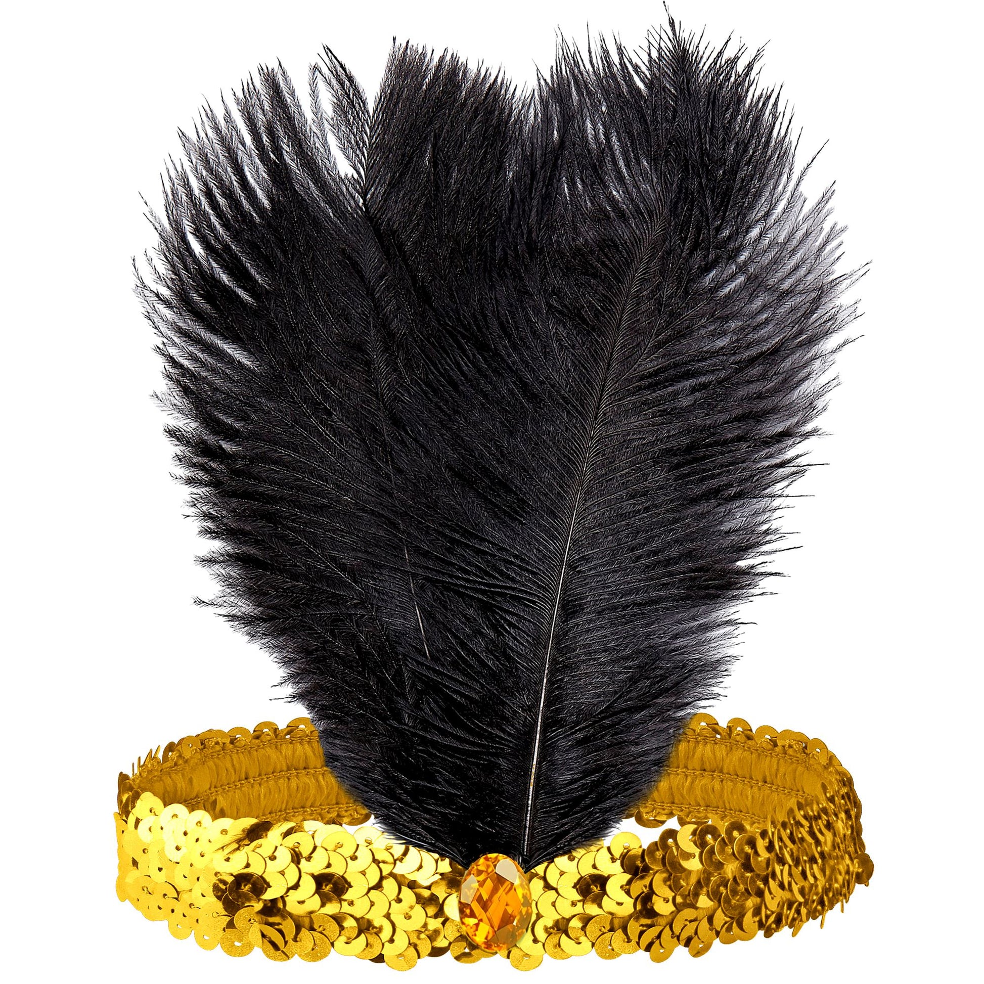 "STIRNBAND THE ROARING 20s AUS PAILLETTEN MIT 2 FEDERN & GOLDENEM EDELSTEIN" – Vorderansicht