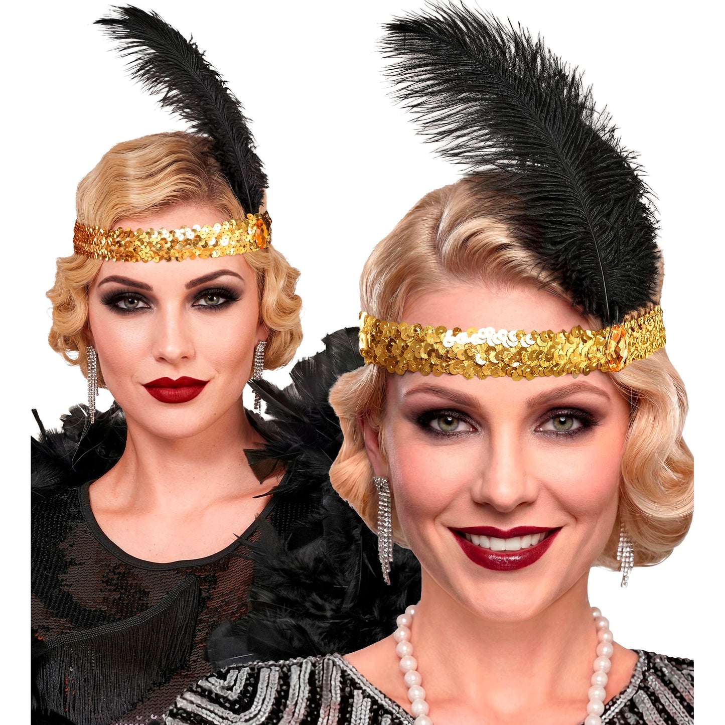 "STIRNBAND THE ROARING 20s AUS PAILLETTEN MIT 2 FEDERN & GOLDENEM EDELSTEIN" – Ansicht 3