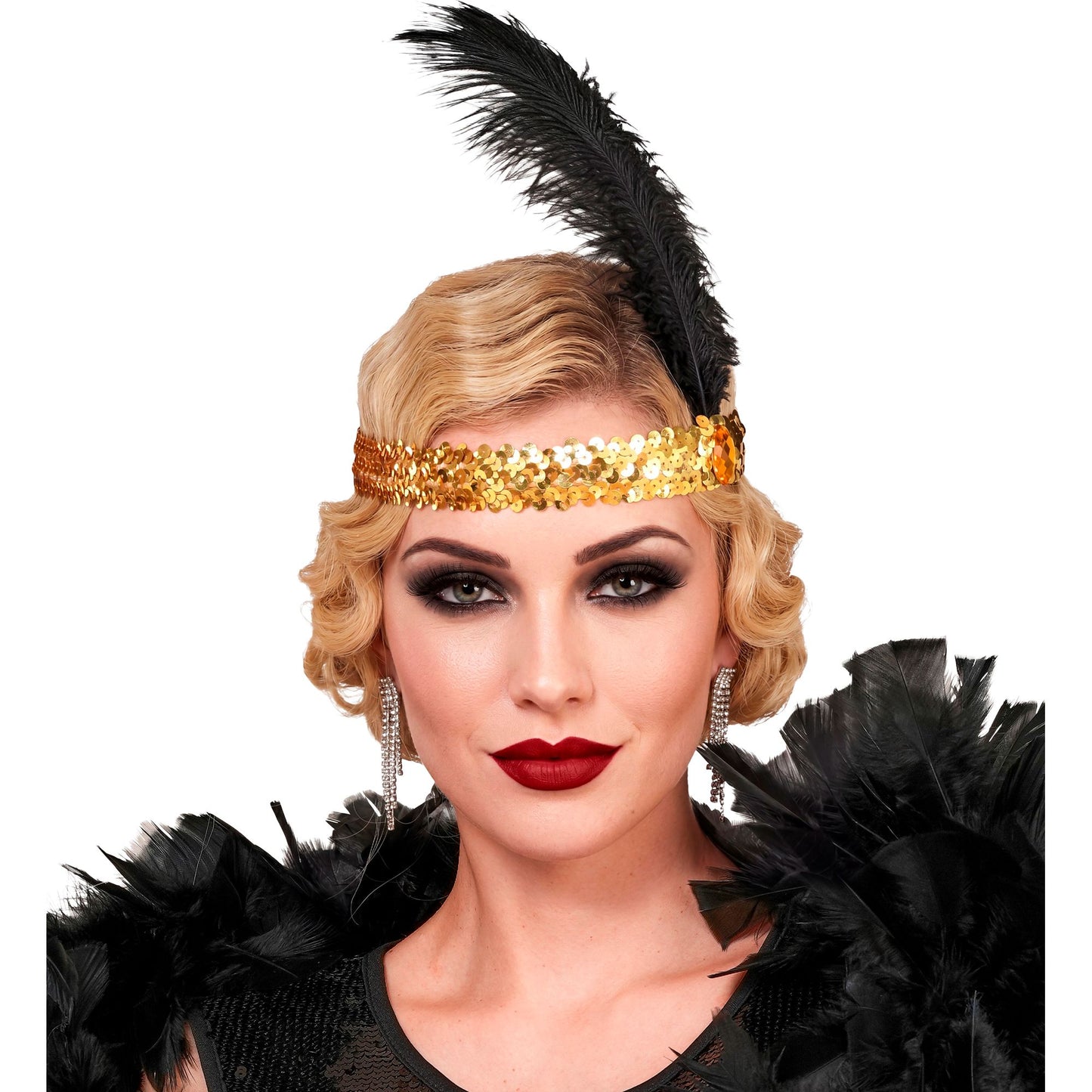 "STIRNBAND THE ROARING 20s AUS PAILLETTEN MIT 2 FEDERN & GOLDENEM EDELSTEIN" – Ansicht 5