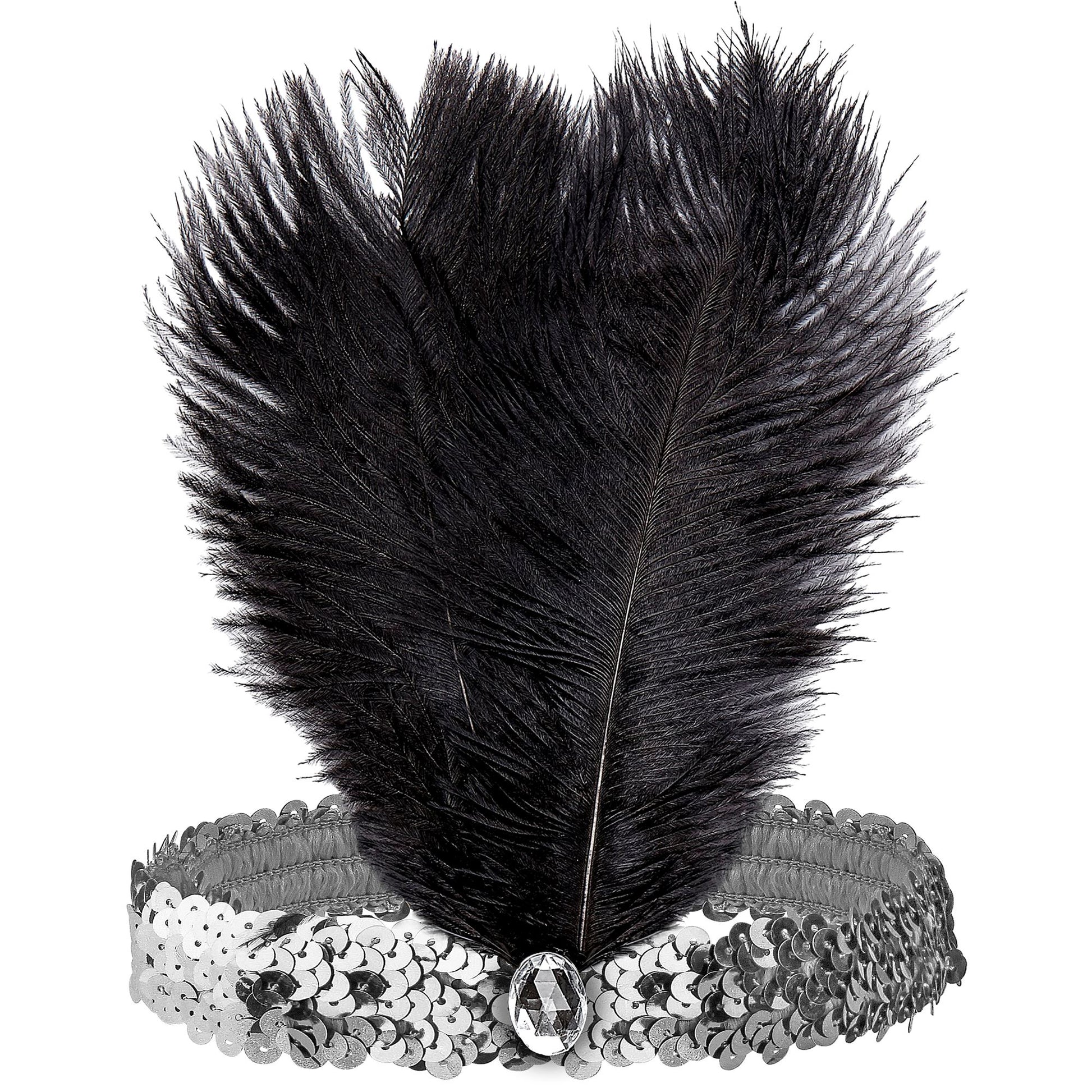 "STIRNBAND THE ROARING 20s AUS PAILLETTEN MIT 2 FEDERN & SILBERNEM EDELSTEIN" – Vorderansicht