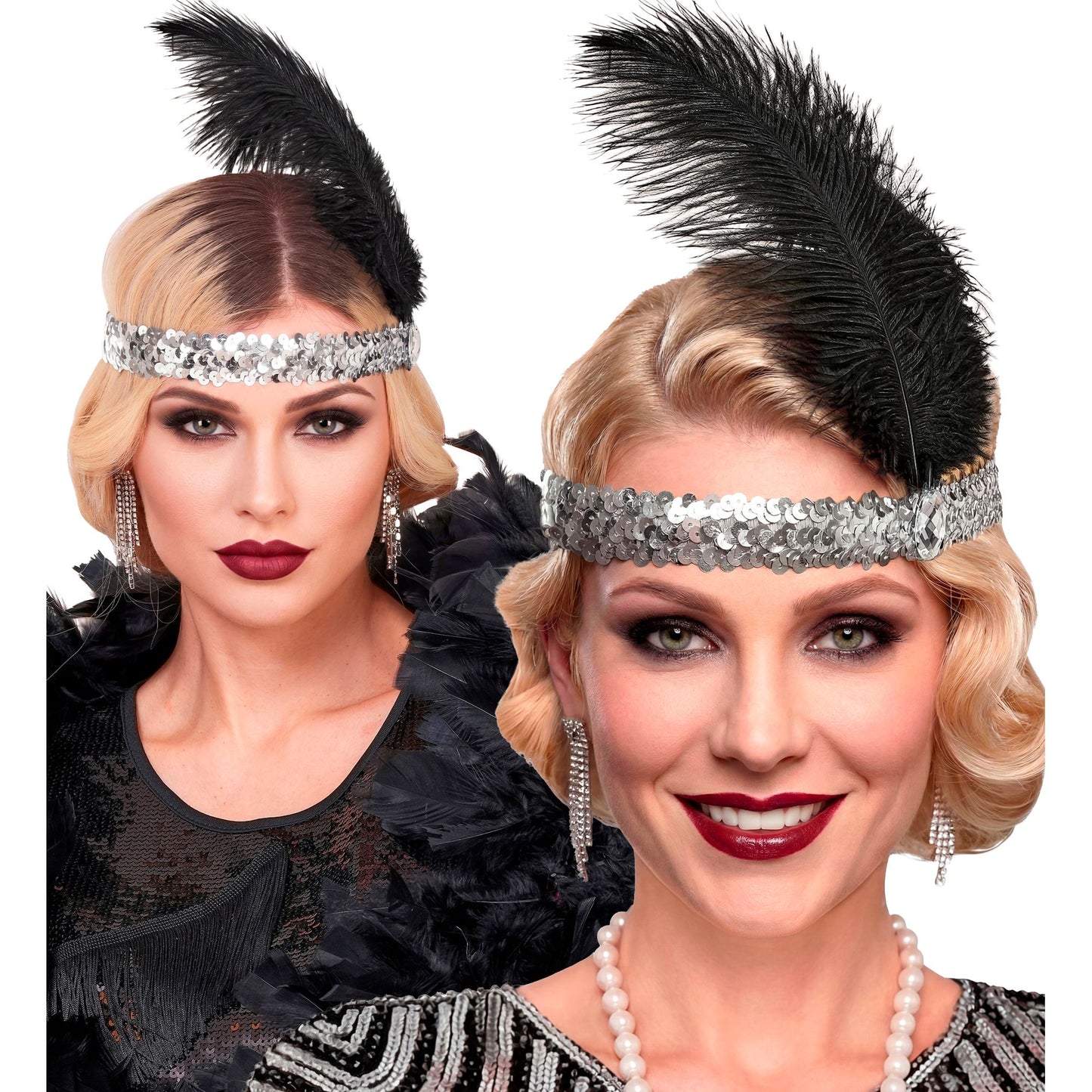 "STIRNBAND THE ROARING 20s AUS PAILLETTEN MIT 2 FEDERN & SILBERNEM EDELSTEIN" – Ansicht 3