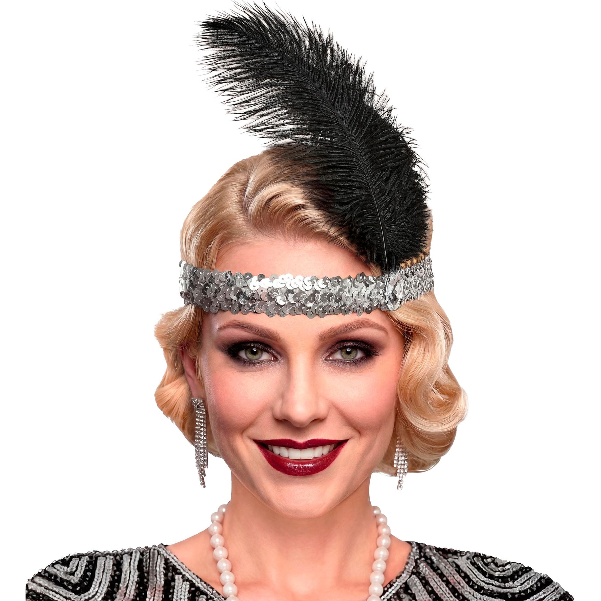 "STIRNBAND THE ROARING 20s AUS PAILLETTEN MIT 2 FEDERN & SILBERNEM EDELSTEIN" – Ansicht 4