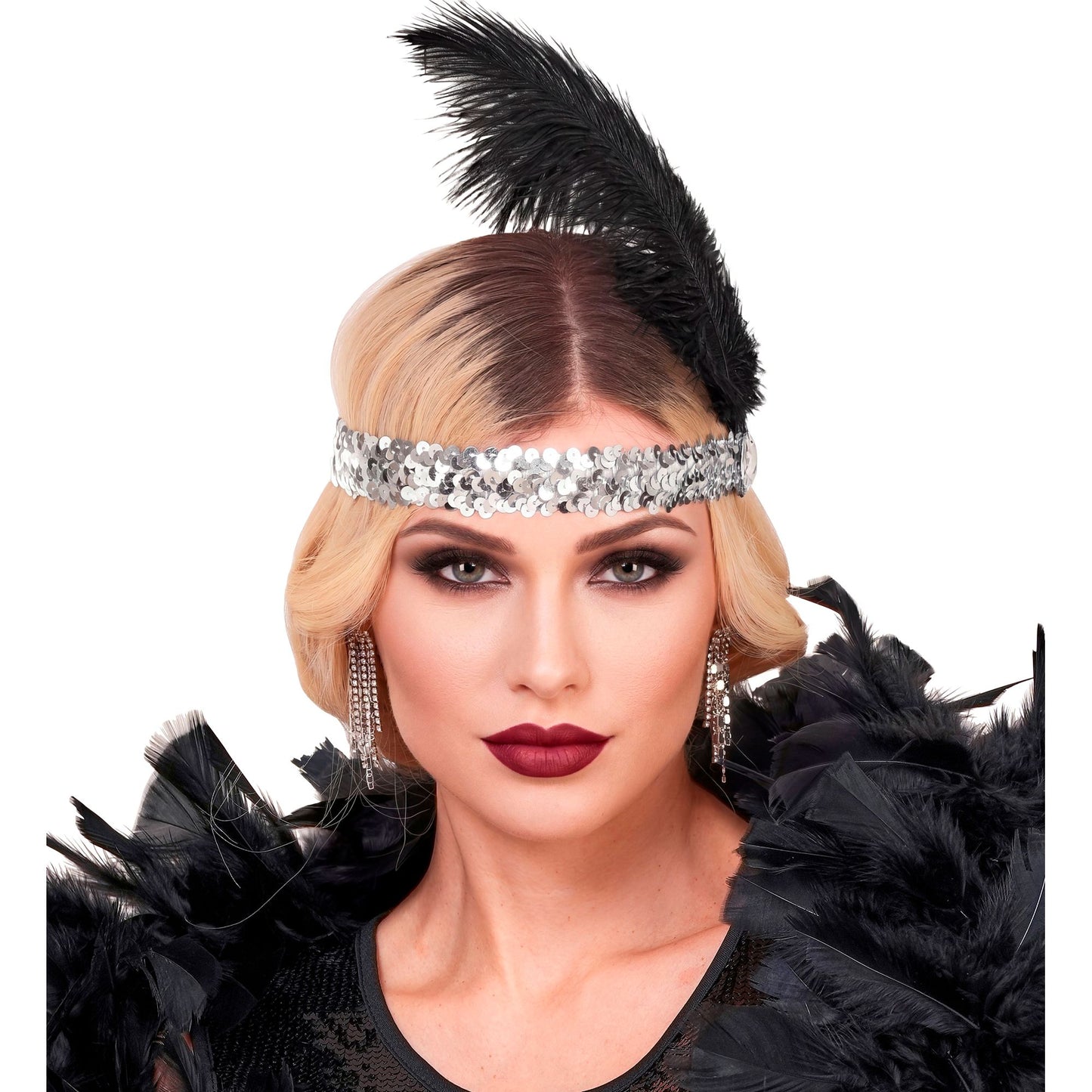 "STIRNBAND THE ROARING 20s AUS PAILLETTEN MIT 2 FEDERN & SILBERNEM EDELSTEIN" – Ansicht 6