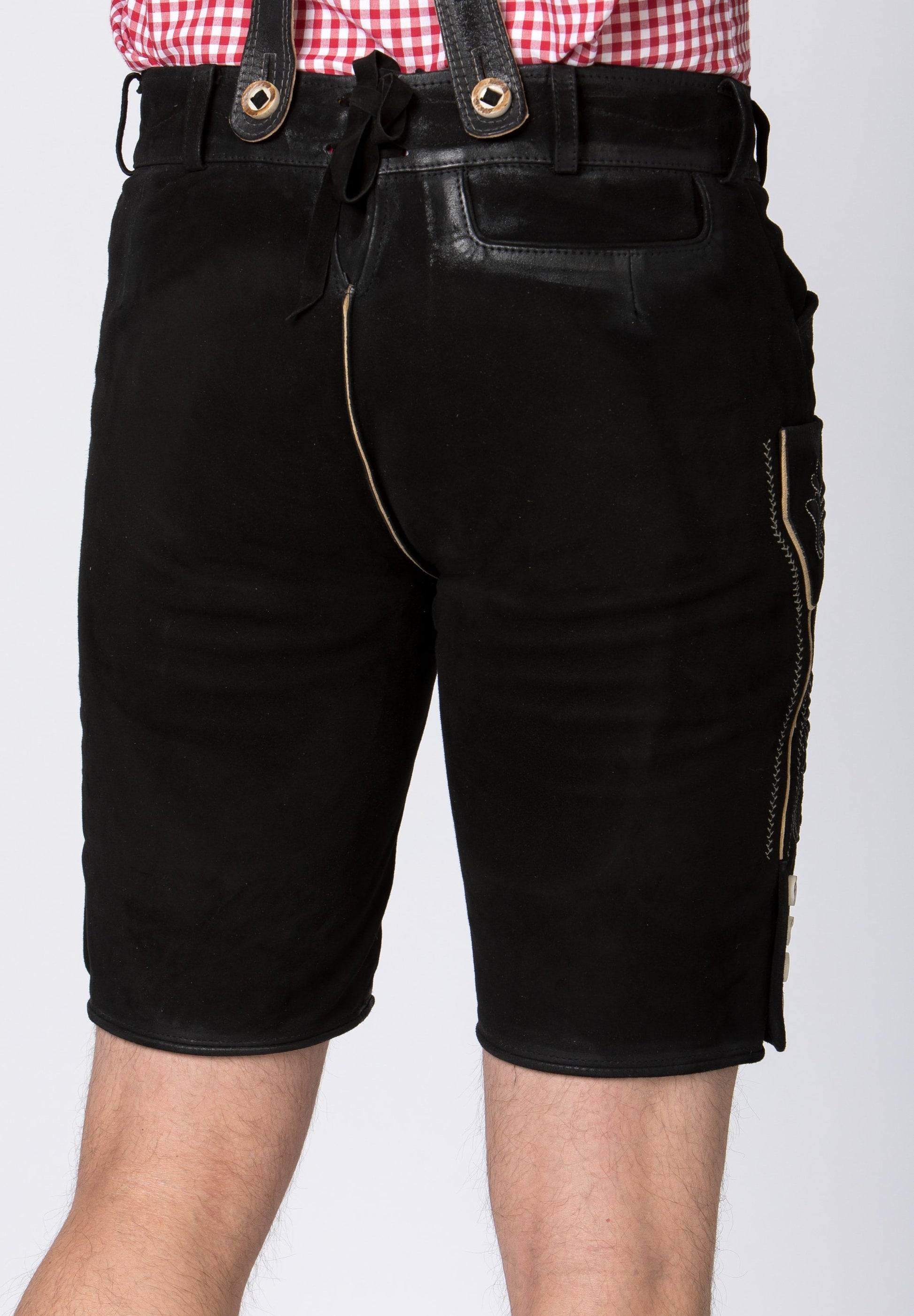 Lederhose Kurz Beppo4 – Stockerpoint Schwarze Ziegenlederhose mit Hosenträgern - Fasnacht24.ch