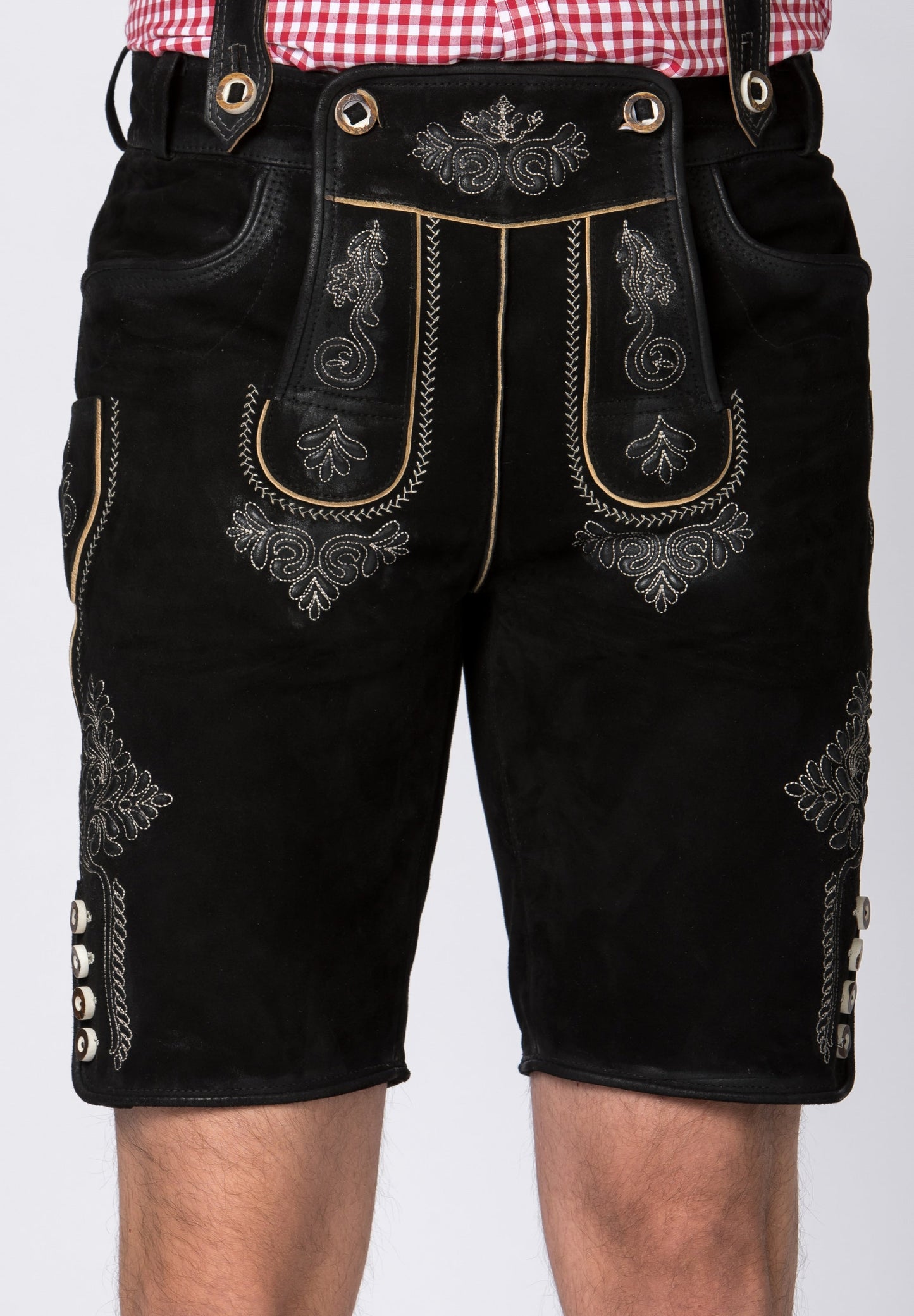 Lederhose Kurz Beppo4 – Stockerpoint Schwarze Ziegenlederhose mit Hosenträgern - Fasnacht24.ch