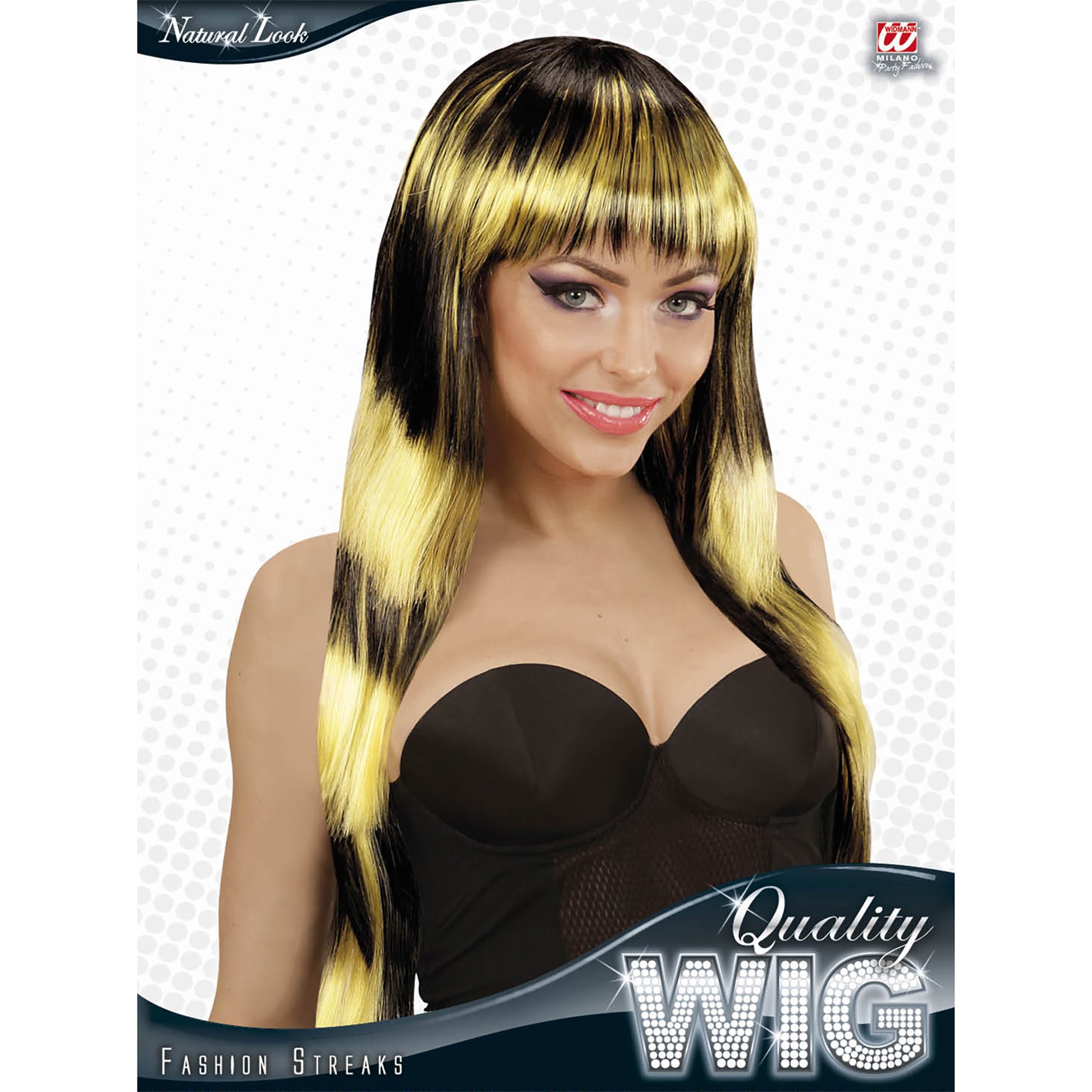 "STREAKS FASHION PERÜCKE IN SCHWARZ-GELB" in Box – Detailansicht