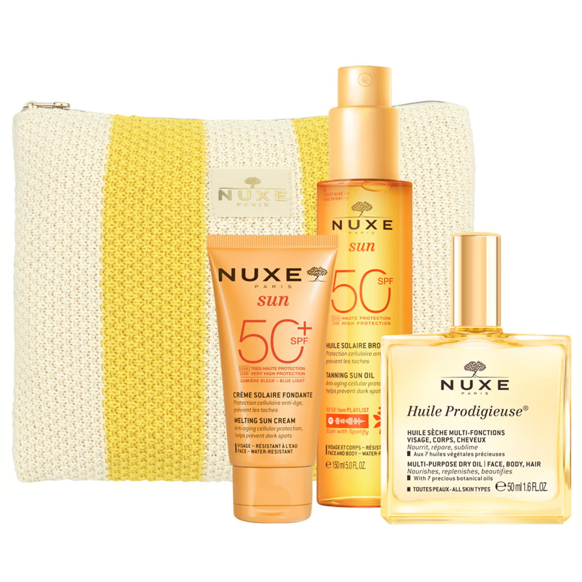 Summer Essentials Kit 2025 Set Nuxe: Sun, UV Protection, Sunscreen Cream, For Face, SPF 50, 50 ml + Huile Prodigieuse Multi-Purpose, Body Oil, For Face, Body & Hair, 50 ml + Sun, Anti-Ageing, Tanning Oil, SPF 50, 150 ml + Sun, GWP Textile Pouch,