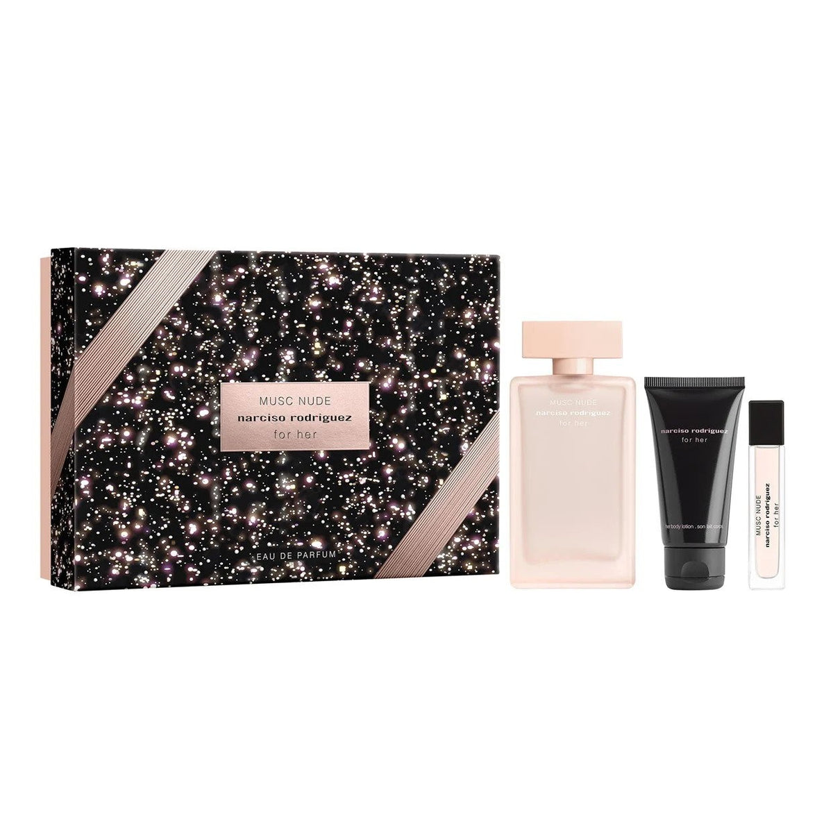 Narciso Rodriguez Musc Nude Geschenkset mit Eau de Parfum 100 ml Body 50 ml und Miniatur 10 ml