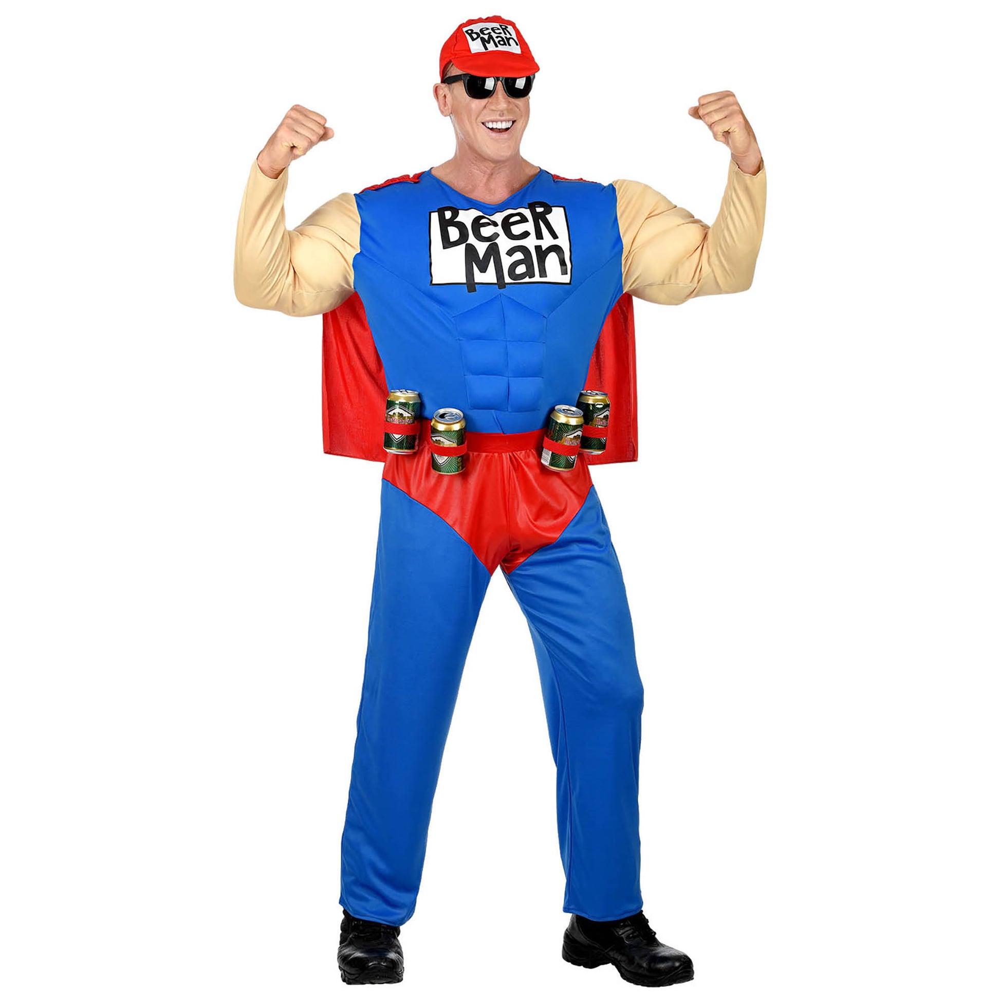 "SUPER BEER MAN" (Muskel Overall mit Umhang, Gürtel mit Dosenhalter, Basecap) – Detailansicht