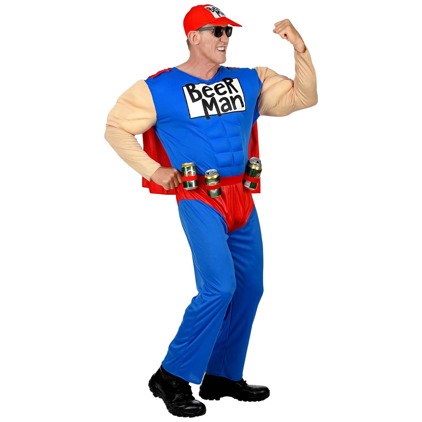 "SUPER BEER MAN" (Muskel Overall mit Umhang, Gürtel mit Dosenhalter, Basecap) – Ansicht 3