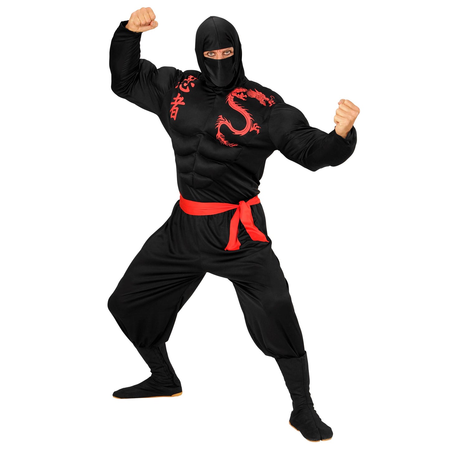 "SUPER MUSKEL NINJA" (Muskelshirt mit Kapuze, Gesichtsmaske, Hose, Gürtel) – Vorderansicht