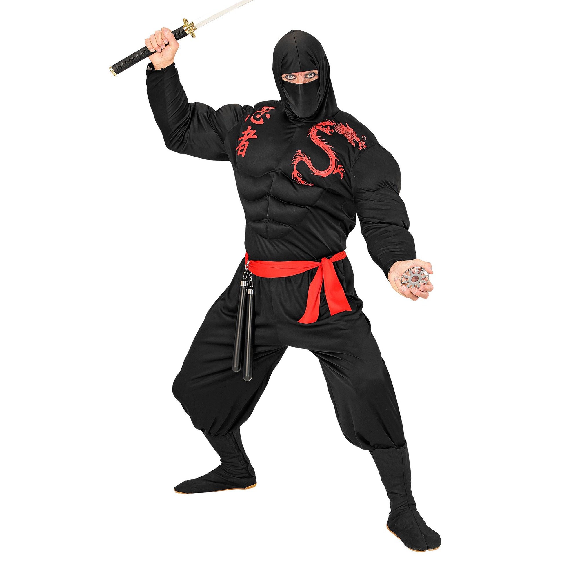 "SUPER MUSKEL NINJA" (Muskelshirt mit Kapuze, Gesichtsmaske, Hose, Gürtel) – Detailansicht