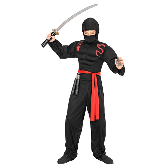 "SUPER MUSKEL NINJA" (Muskelshirt mit Kapuze, Gesichtsmaske, Hose, Gürtel) – Vorderansicht
