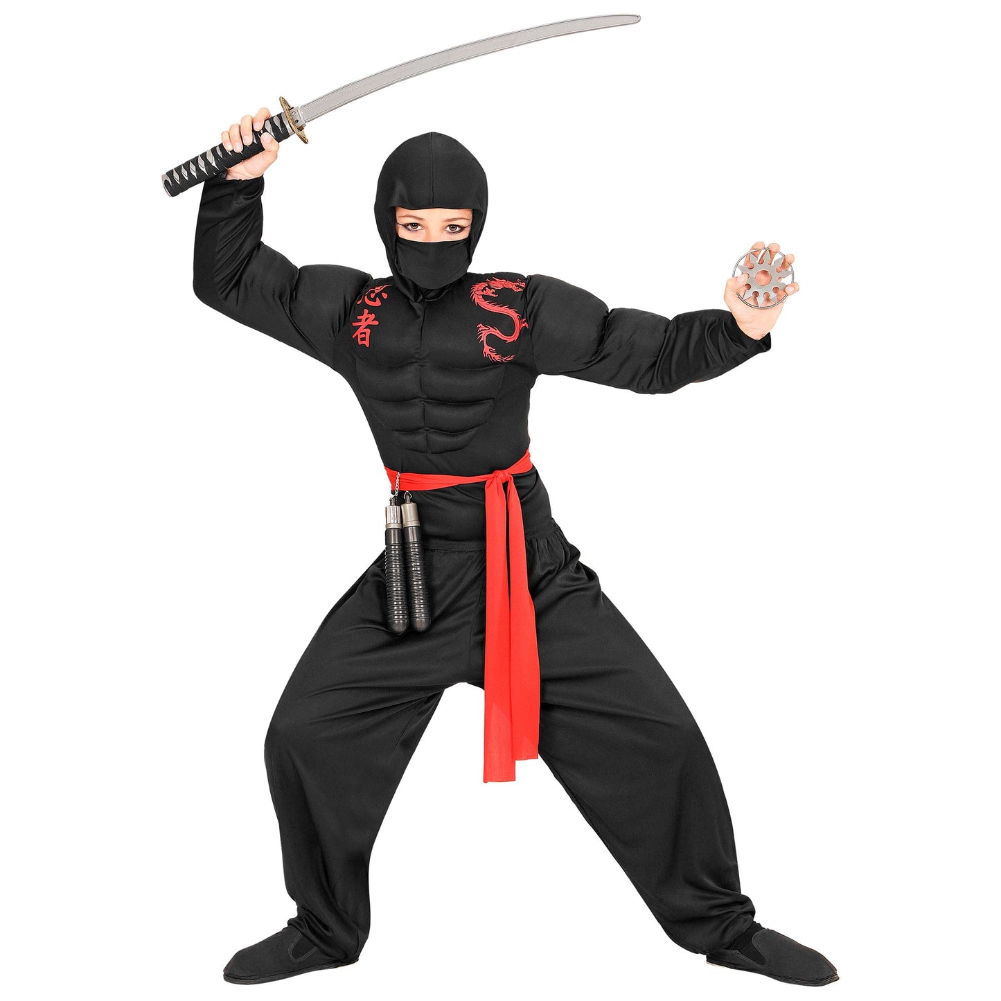 "SUPER MUSKEL NINJA" (Muskelshirt mit Kapuze, Gesichtsmaske, Hose, Gürtel) – Detailansicht