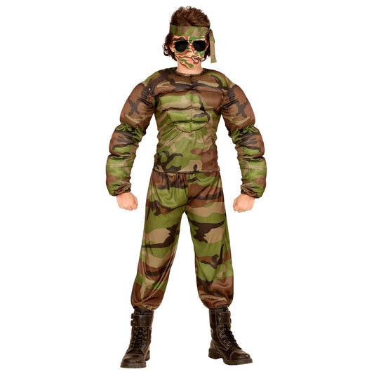 "SUPER MUSKEL SOLDAT" (Muskelshirt, Hose, Stirnband) – Vorderansicht