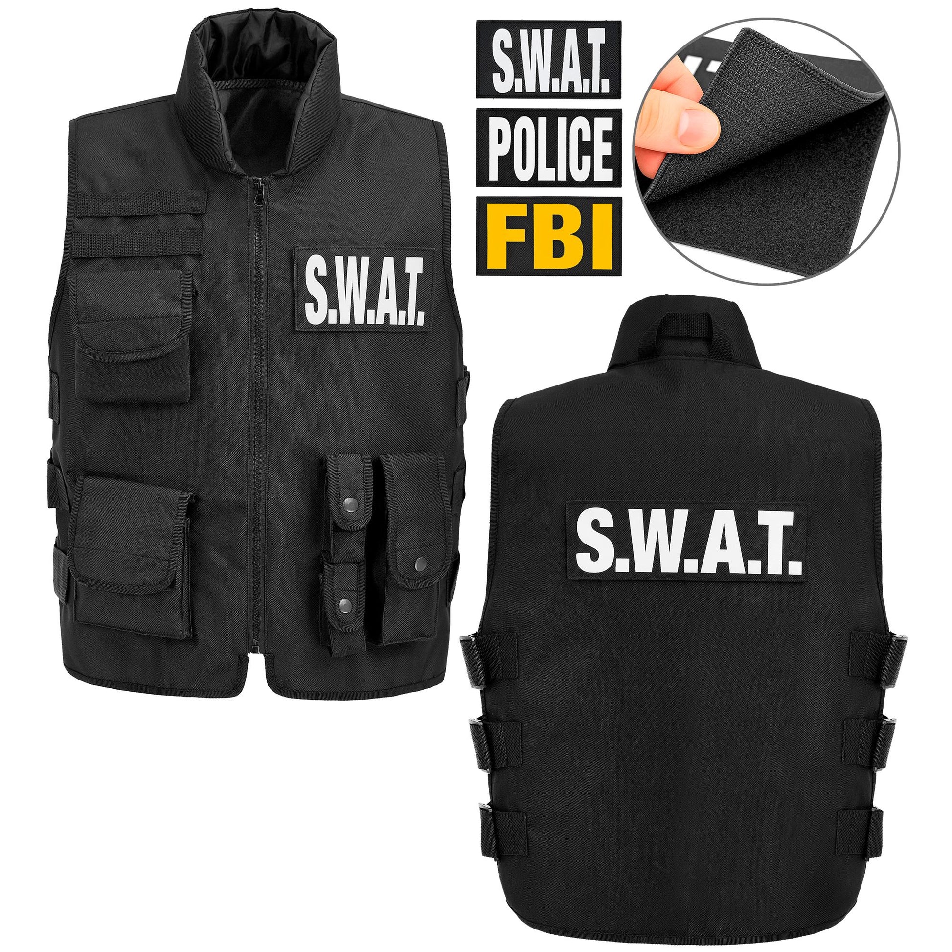 "SWAT | FBI | POLICE TAKTISCHE EINSATZWESTE" mit 6 auswechselbaren Patches - Erwachsenengröße – Vorderansicht
