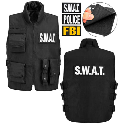 "SWAT | FBI | POLICE TAKTISCHE EINSATZWESTE" mit 6 auswechselbaren Patches - Erwachsenengröße – Vorderansicht