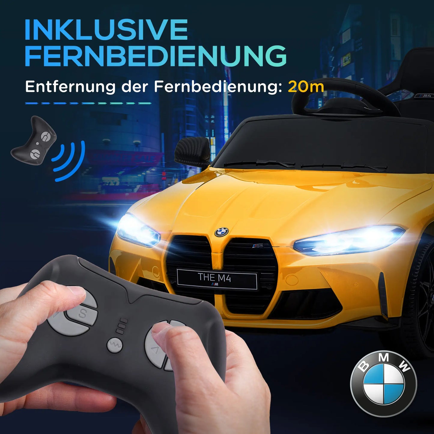 Gelbes BMW M4 Elektro Kinderauto mit Fernbedienung, LED-Scheinwerfern und Hilfsrädern